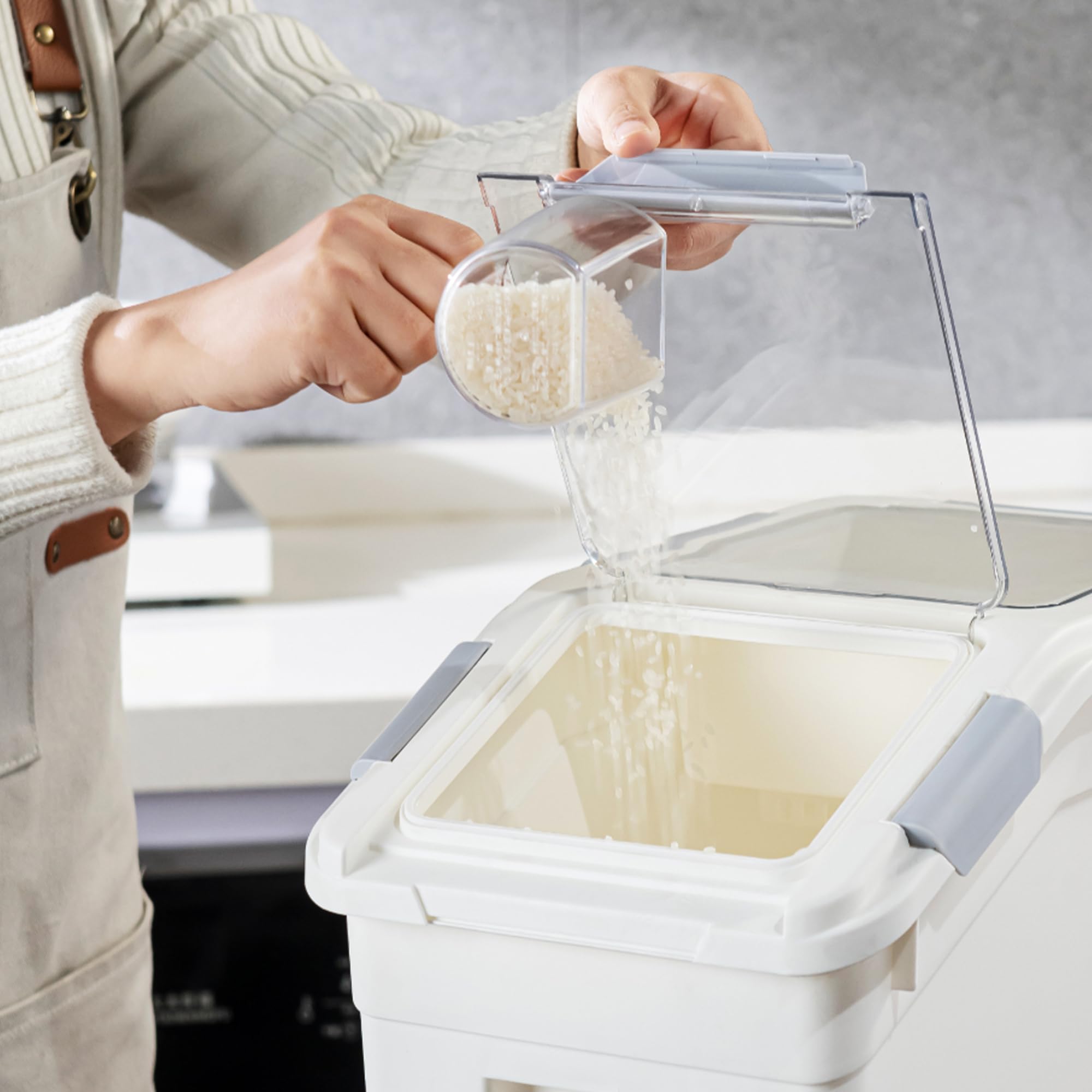 Hanamya 15 Liter / 30 Lbs Rice Storage Container With Measuring Cup, Bpa Free, For Rice | Grain | Pet Food | Flour, 2 Count, Whi