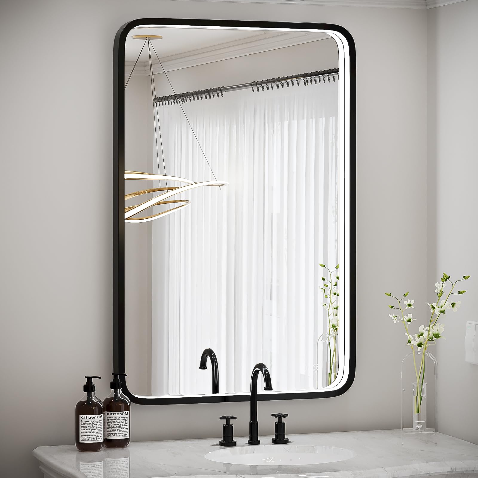 FTOTI 36x24 Inch LED Bathroom Mirror with Lights, Black Metal Frame Mirror, Wall Mounted Lighted Vanity Mirrors for Wall, Anti F