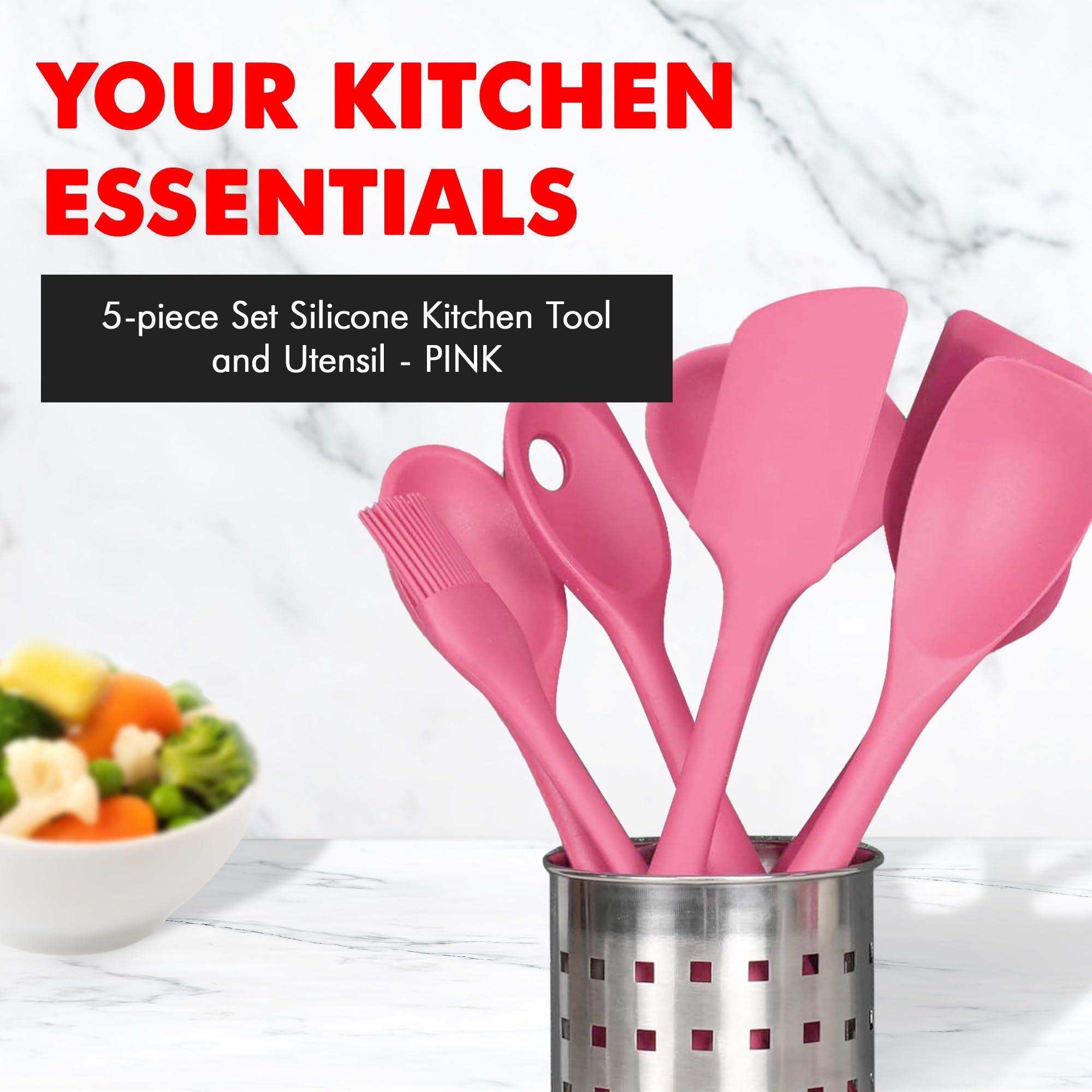 Chef Craft Premium Silicone Kitchen Tool And Utensil, 5 Piece Set, Pink