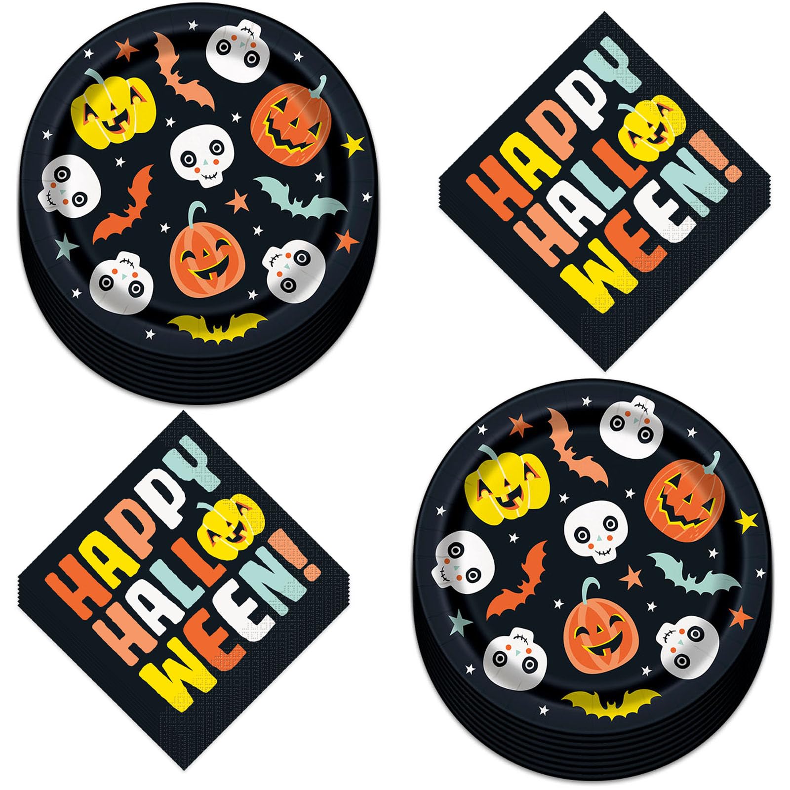 HOME & HOOPLA Halloween Party Supplies - Halloween Night Back & Pastel Pumpkin Paper Dessert Plates and Lunch Napkins (Serves 16