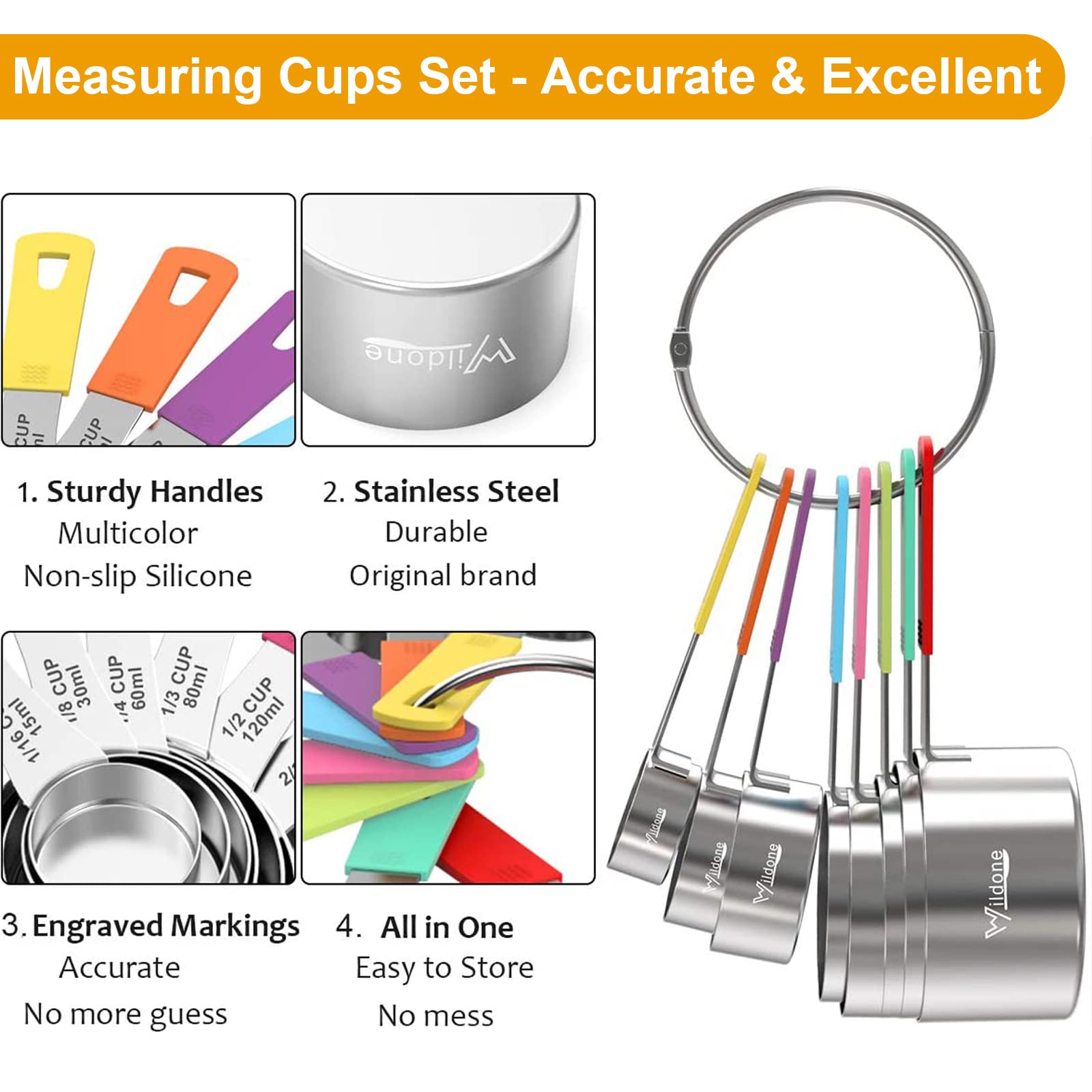 Wildone 8-Piece Measuring Cups Set, Stainless Steel Nesting Measuring Cups, Perfect For Dry And Liquid Ingredients, Dishwasher S