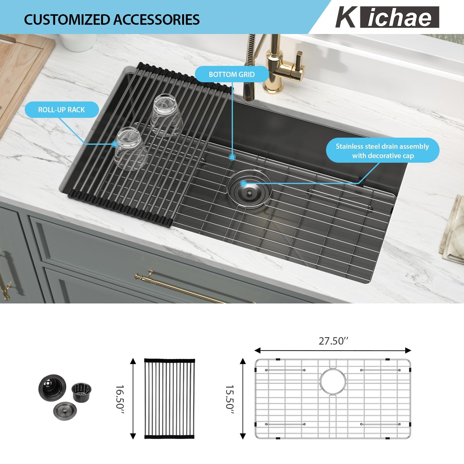 Kichae 30 Black Undermount Kitchen Sink - 30 Inch Undermount Sink 18 Gauge Gunmetal Black Stainless Steel Deep Handmade Single B