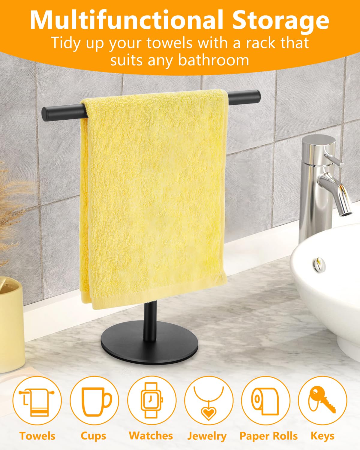 Hand Towel Holder For Bathroom, T-Shape Free Standing Towel Bar Rack Stand, Matte Black Hand Towel Rack For Bathroom Kitchen Van