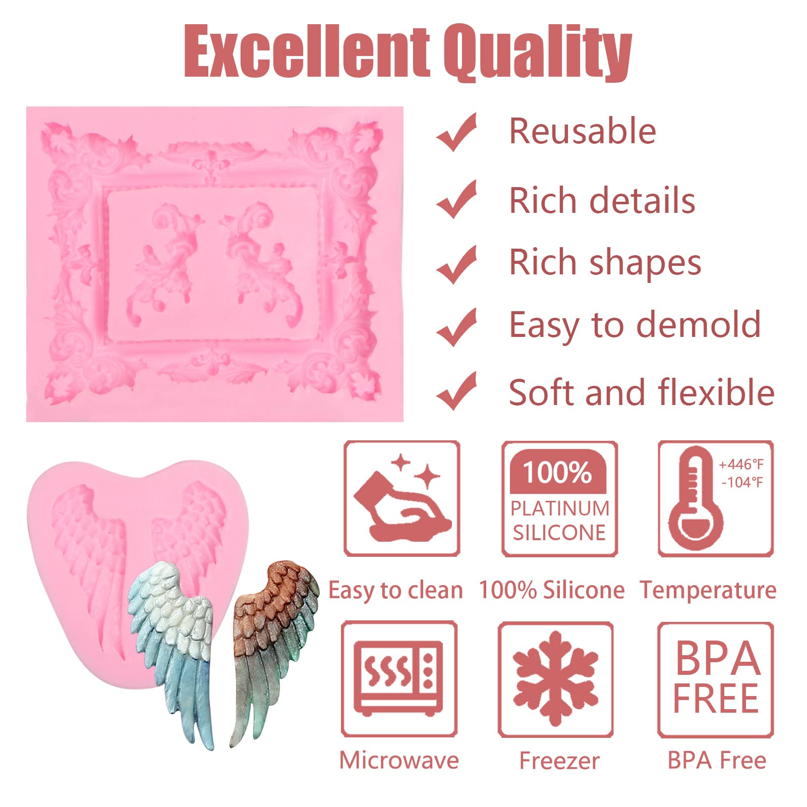 Angel Wings Silicone Molds 3 Pcs, Baroque Photo Frame Fondant Mold For Chocolate Cake Decoration Candy Cupcake Topper Polymer Cl