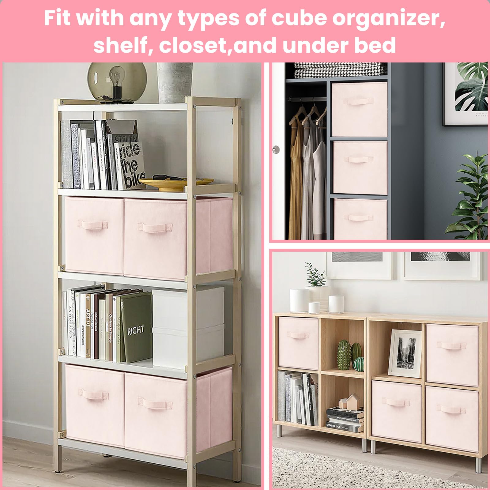 Storage Cubes  13x13 Large Cube Storage Bins (Set of 8)  Fabric Collapsible Clothes Storage Bins with Dual Handles  Foldable Baby Nursery Shelf Baskets  Women College Dorm Room Essentials (Pink)
