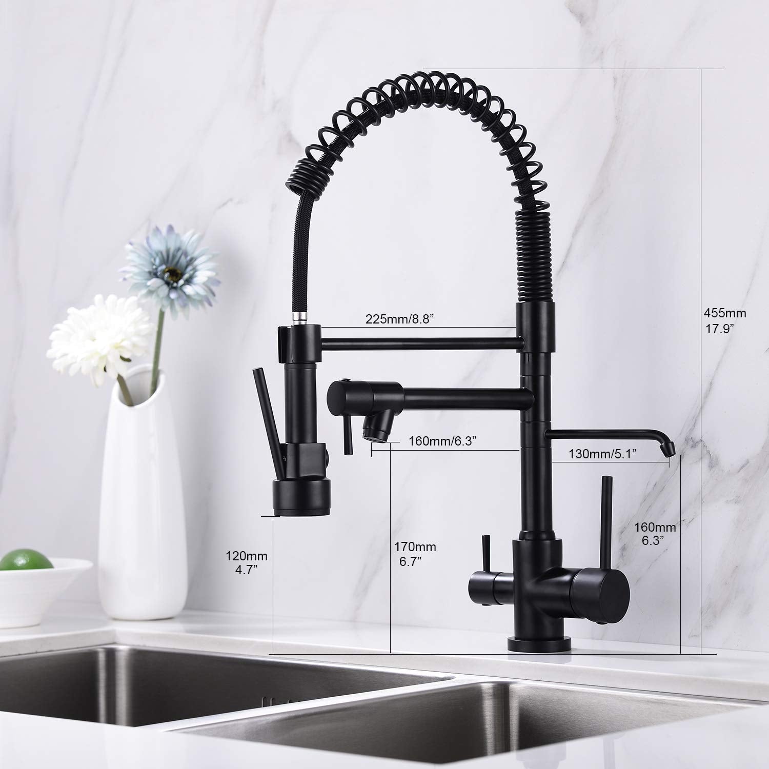 Delle Rosa Kitchen Faucet, 3 Way Drinking Water Faucet, Modern Kitchen Faucet With Pull Down Sprayer, Dual Handles Kitchen Sink