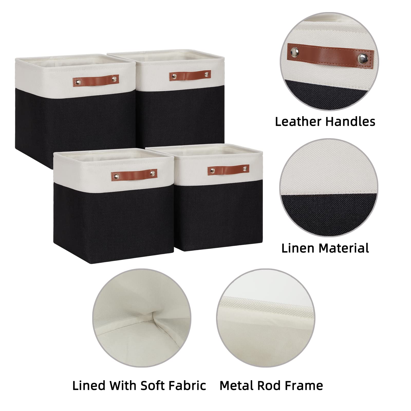 HNZIGE Foldable Storage Basket set Fabric Storage Baskets for Shelves Linen Closet Organizers (4 Pack) Storage Baskets 11x11 Storage Basket for Books Clothes Gifts with Handles(White&Black)