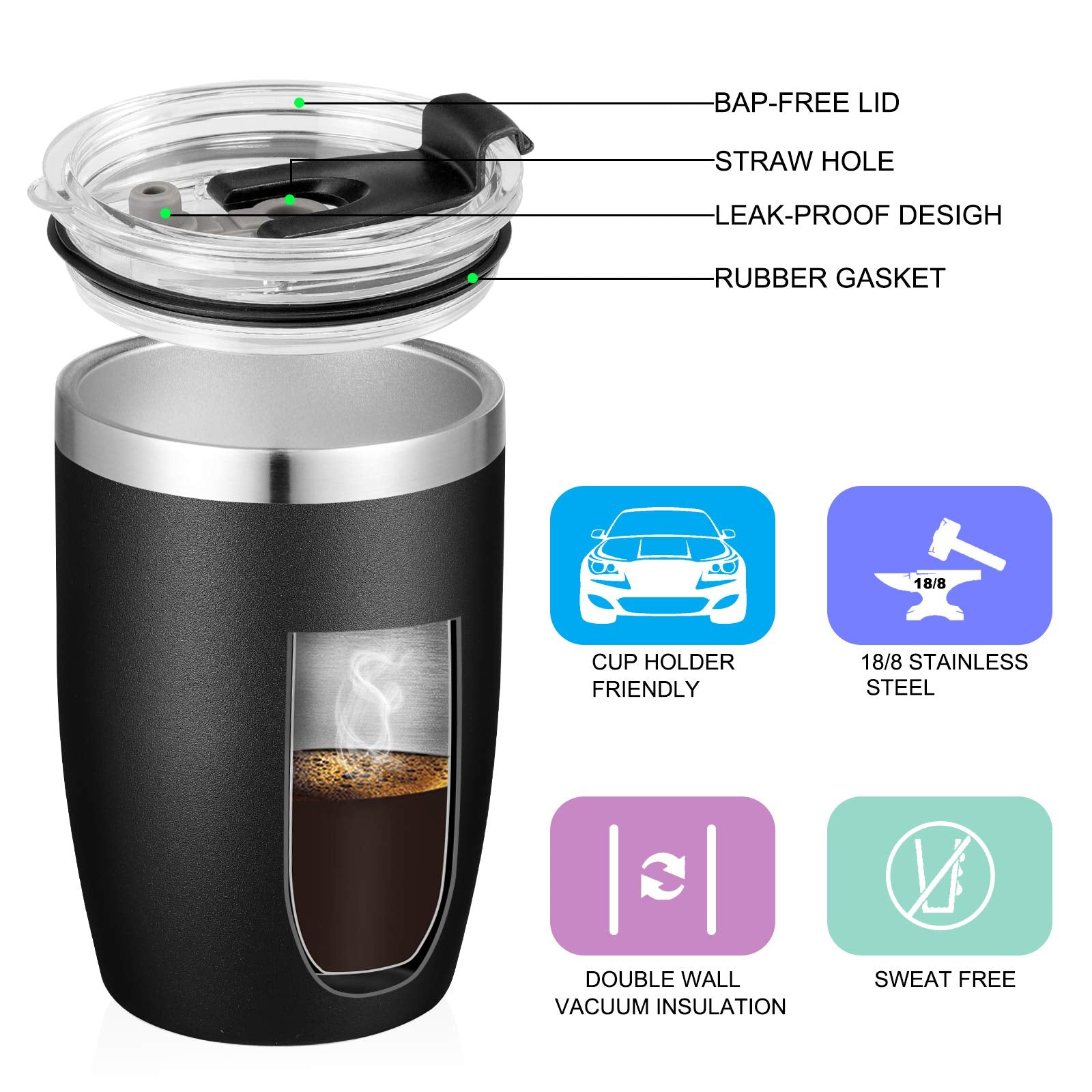 Vegond Stainless Steel 12 Oz Tumblers Bulk Vacuum Insulated Double Wall Travel Tumbler With Lid And Straw Reusable Tumbler, Blac