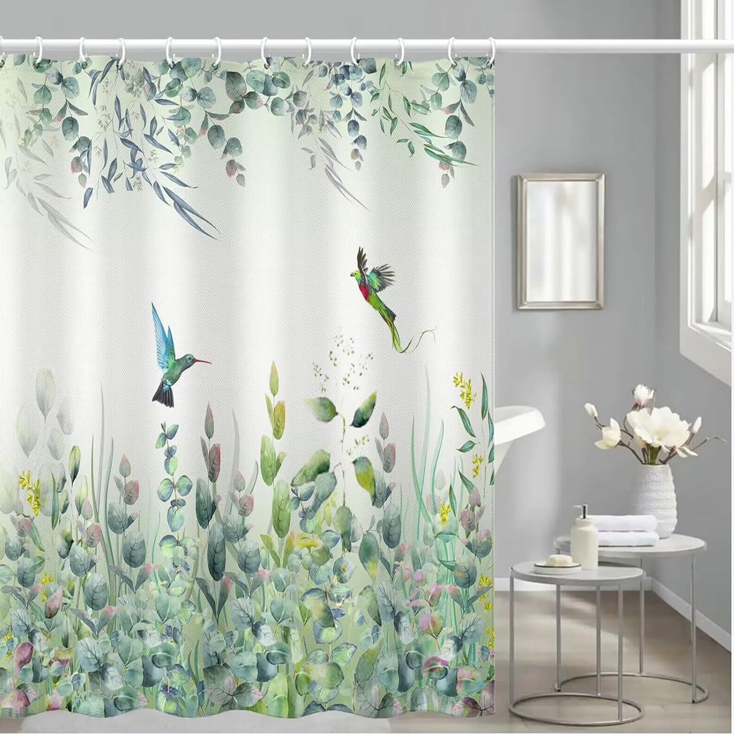 Niidder Green Leaf Shower Curtain, Emerald Bird Mint Green Shower Curtain -72 ''W X 84'' L With 12 Hooks, Weighted Hem Shower Cu