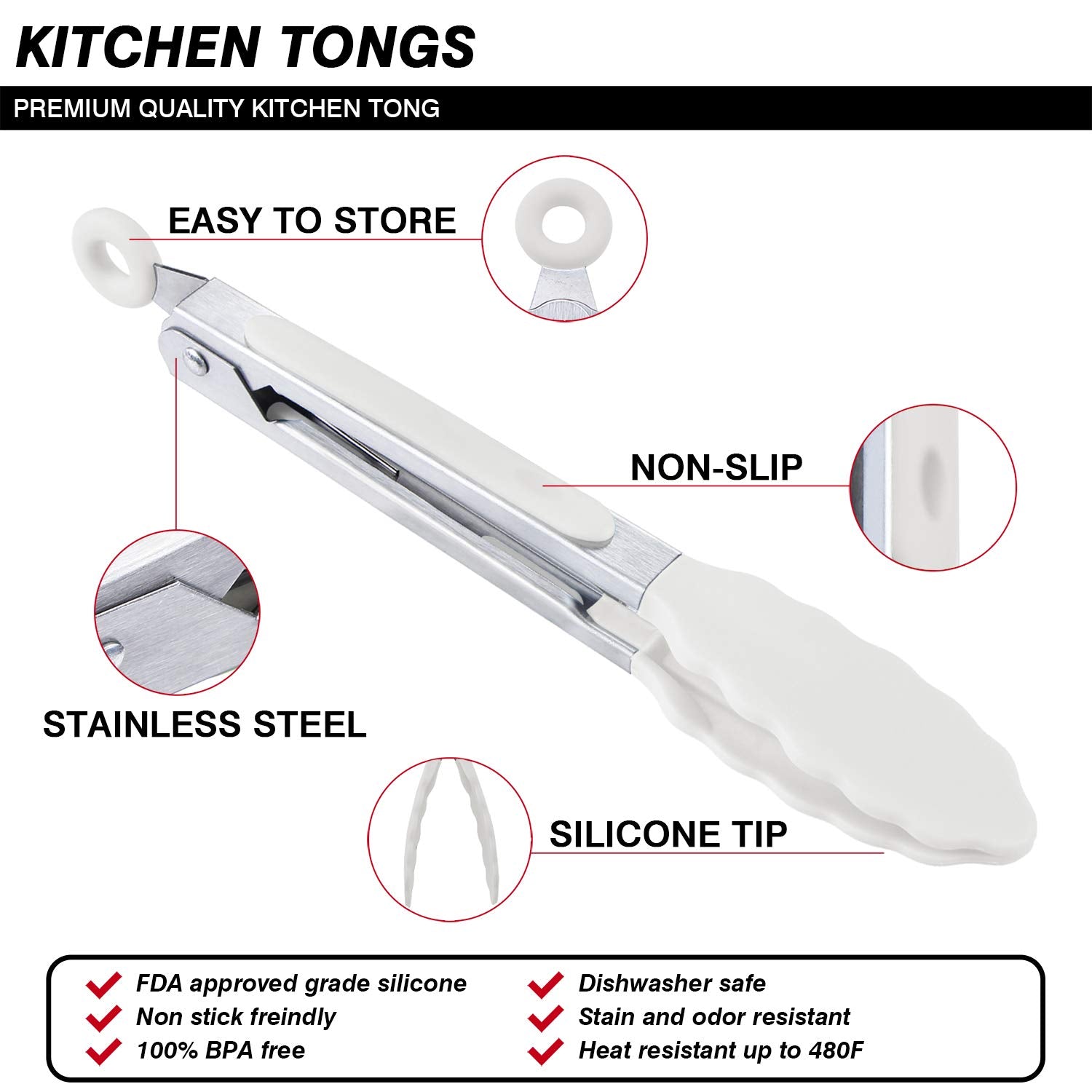 Msy Bigsunny Kitchen Food Tongs - 7'' Mini Silicone Serving Tongs For Appetizers - Set Of 3 (Black White Gray)