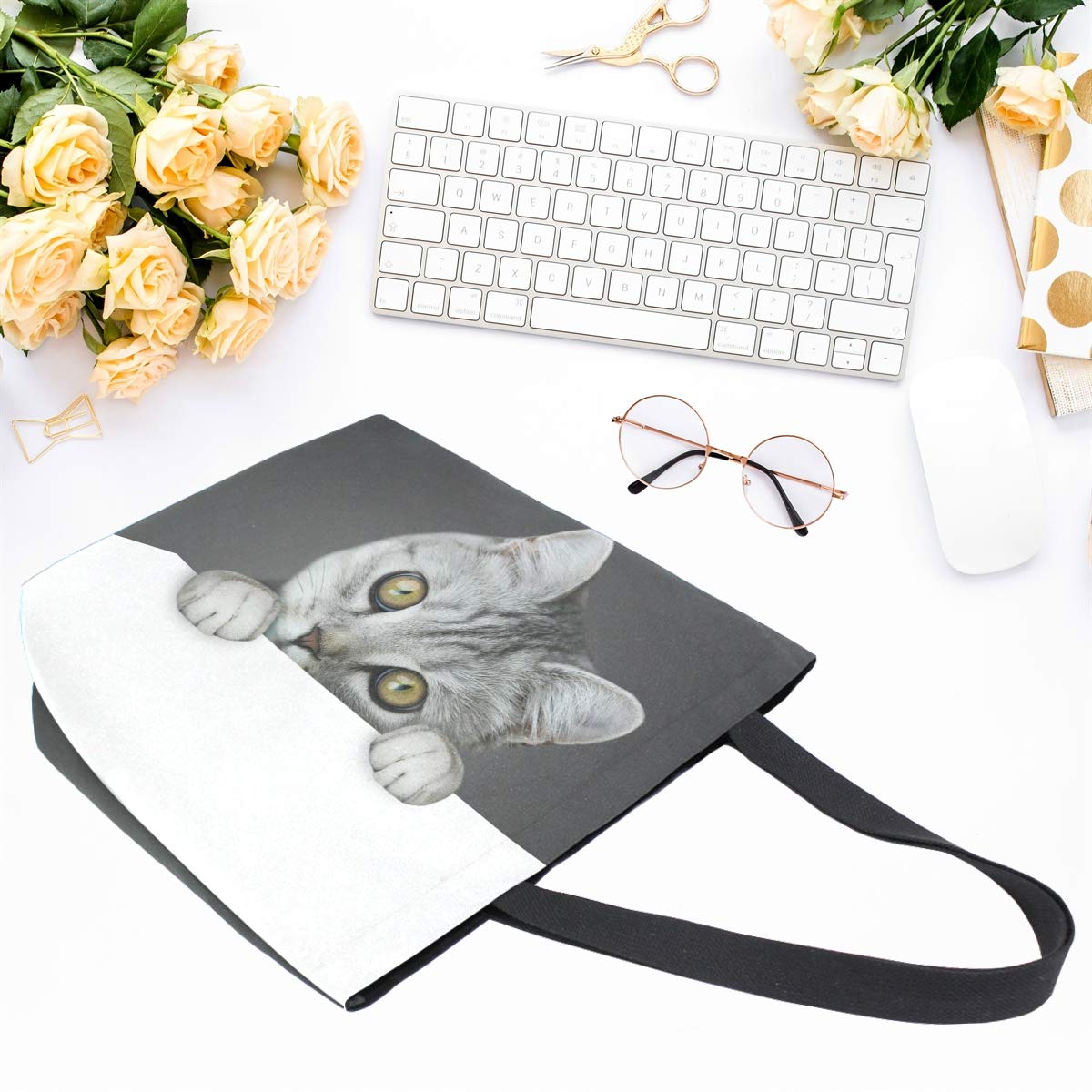 Naanle Funny Cat Canvas Tote Bag Large Women Casual Shoulder Bag Handbag, Black And White Reusable Multipurpose Heavy Duty Shopp