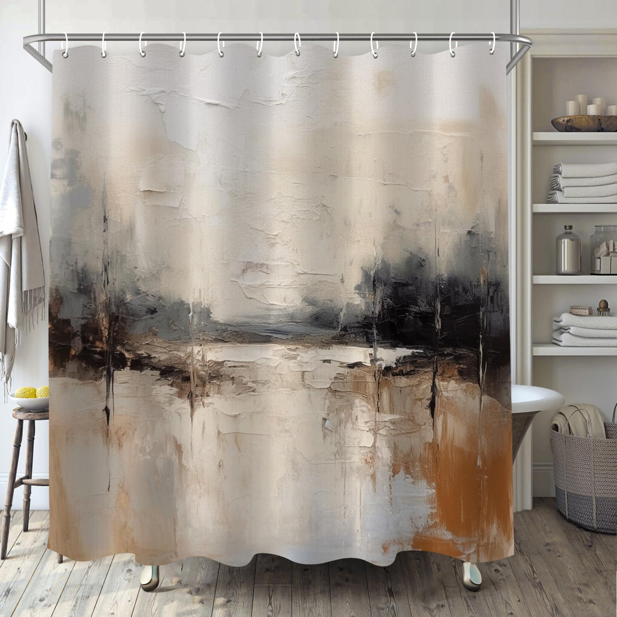 Tiyaandsy Oil Painting Abstract Shower Curtain For Bathroom, Brown Black Grey White Boho Shower Curtain Set, Cream Beige Art Fab