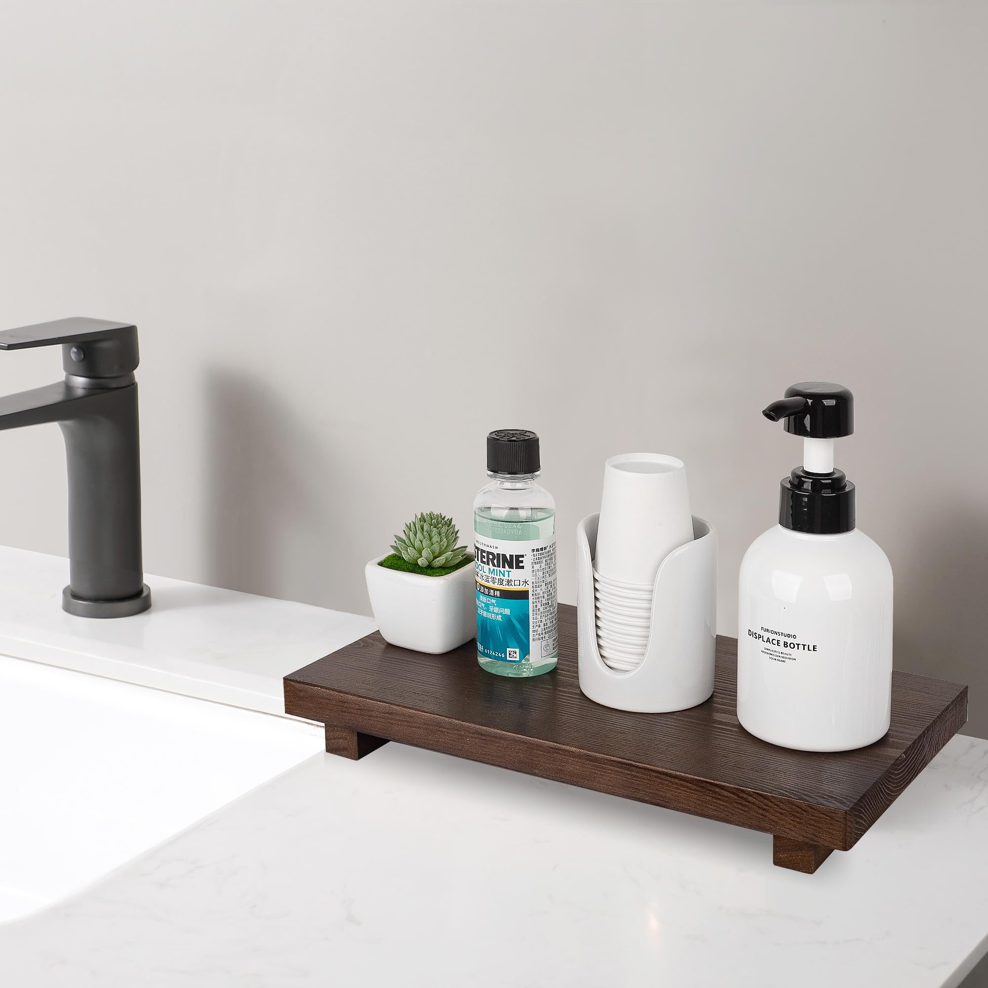 Bathroom Counter Organizer Wood Pedestal Stand Farmhouse Decorative Tray Soap Holder For Kitchen Decor, Large 11.8'' X 7'' - Wal