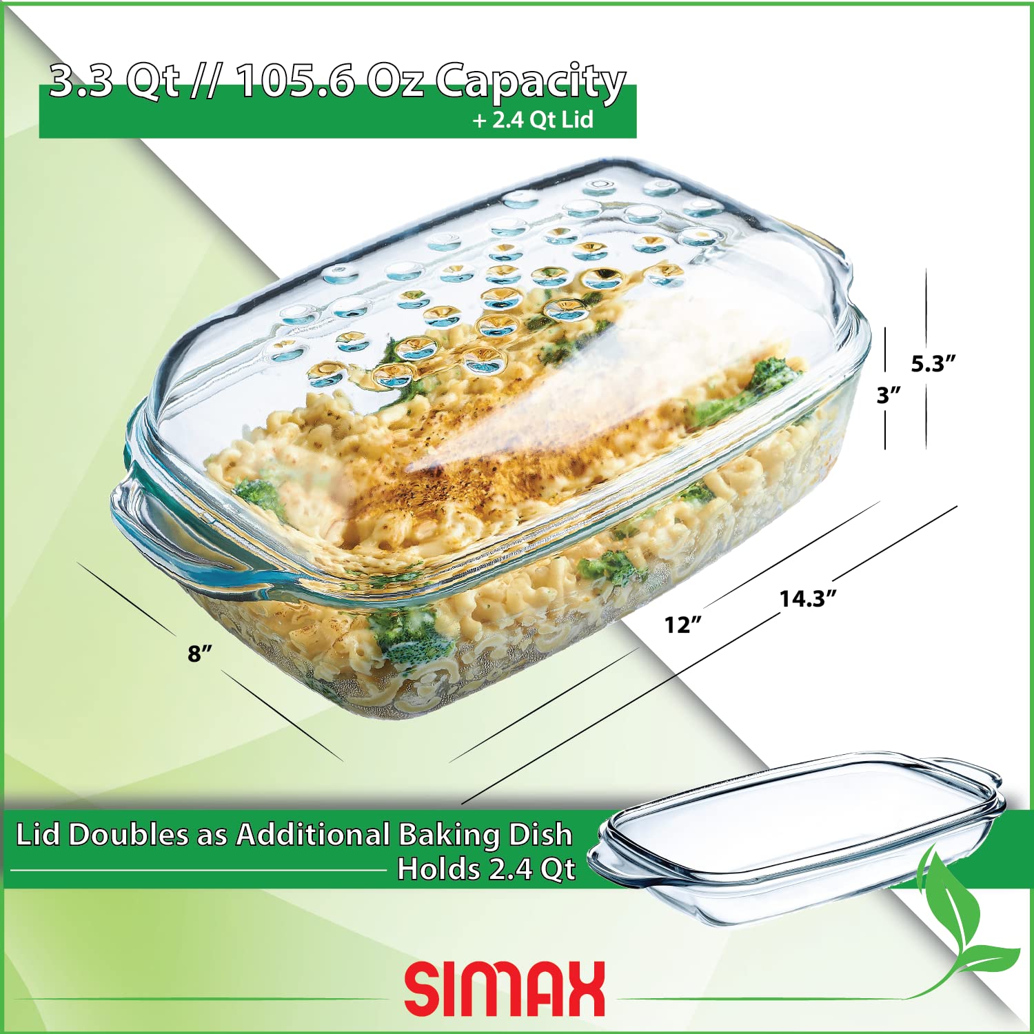 Simax Clear Glass Rectangle Roaster Pan With Lid, Raised Ridges For Fat Free Cooking, Durable Borosilicate Glass, Microwave And