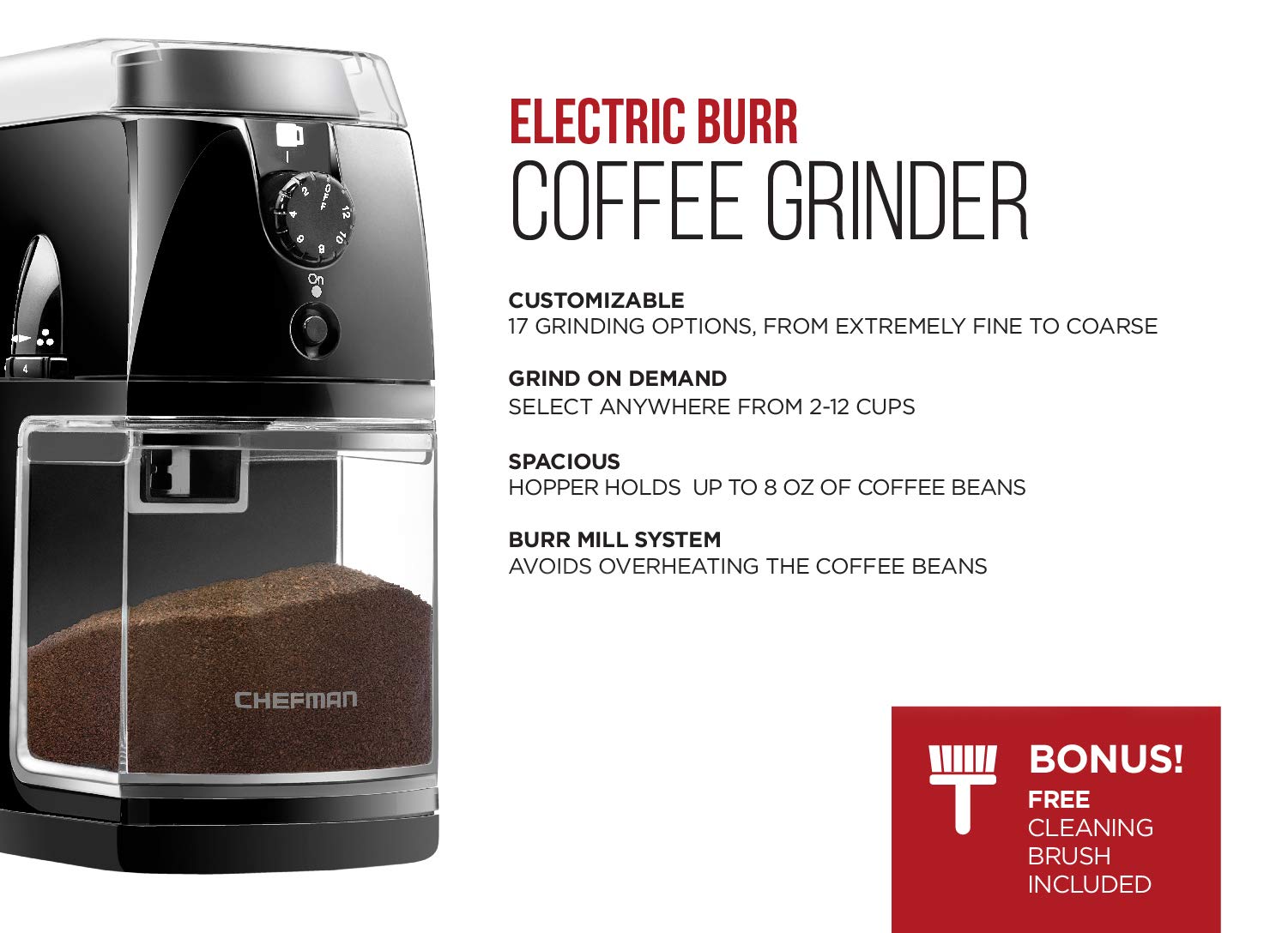 Chefman Coffee Grinder Electric Burr Mill - Freshly Grinds Up To 2.8Oz Beans, Large Hopper With 17 Grinding Options For 2-12 Cup
