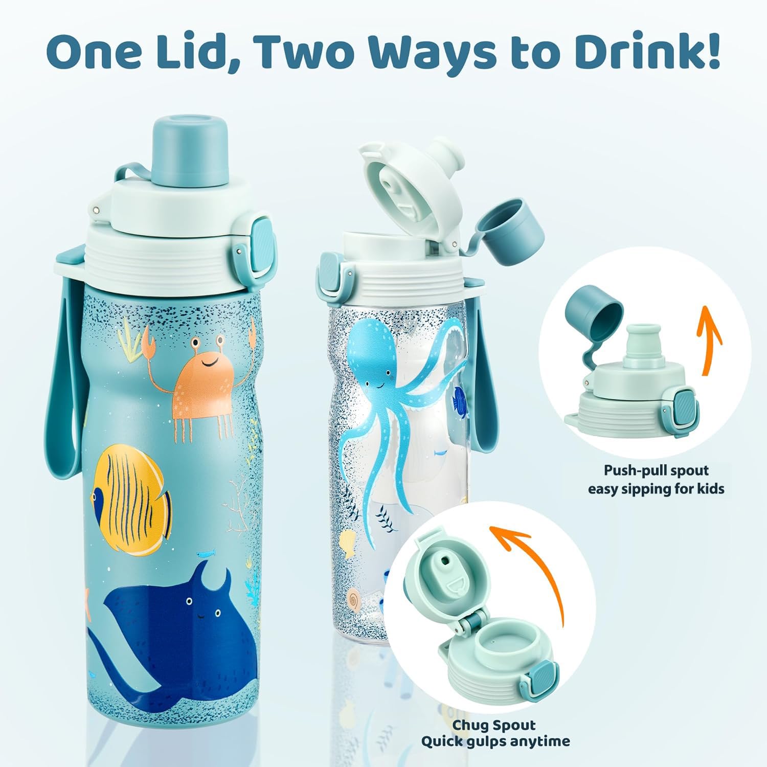 MAISON HUIS Kids Water Bottles 2 Pack, 18/8 Stainless Steel Vacuum Leak Proof Straw Cup with 21oz Tritan Sport Bottle, Kids Wate