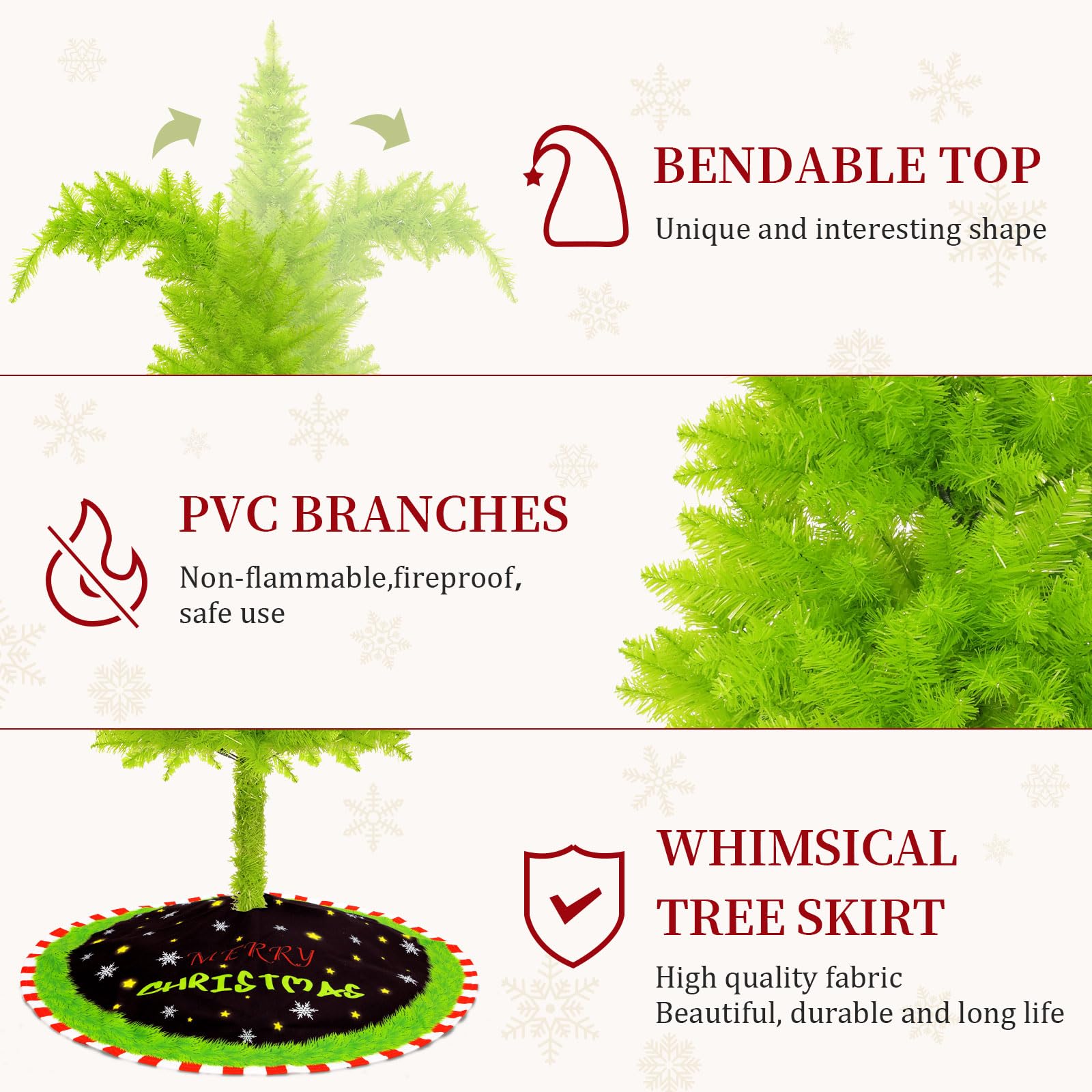 Christmas Tree 6FT with Flexible Branches - Whimsical Design Perfect for Yard, Includes Sturdy Stand for Outdoor & Indoor Use
