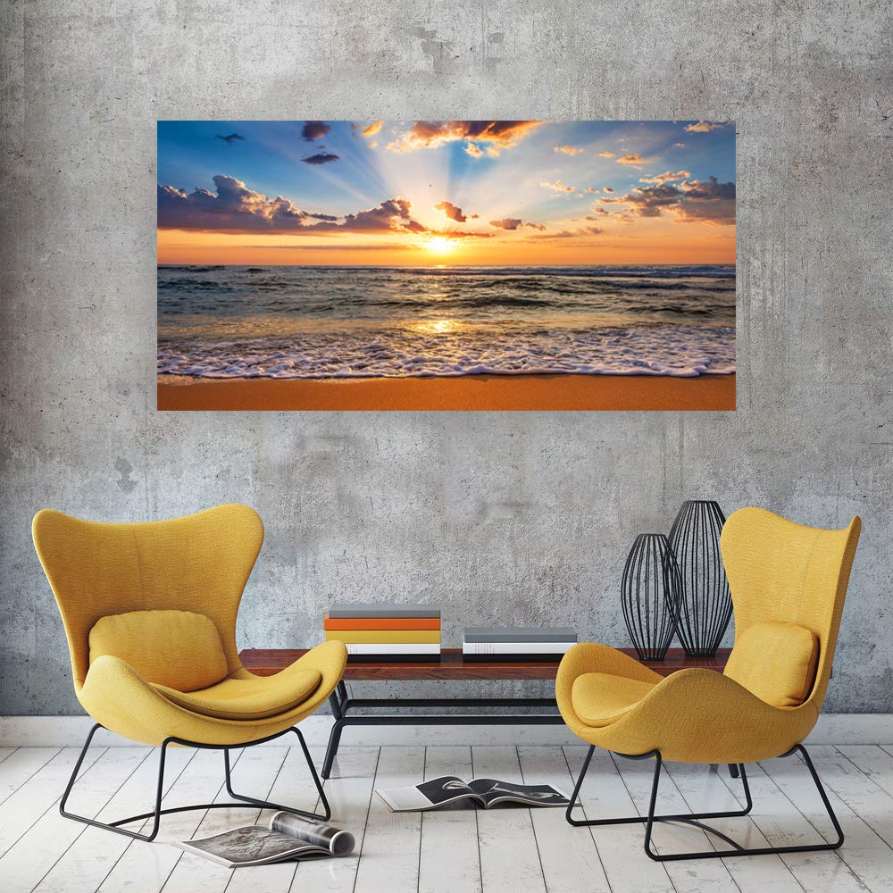 Muolunna BK1862 Wall Art Decor Large Canvas Print Picture Sunrise Ocean Beach Waves Scenery Painting Artwork for Office Wall Decor Home Decoration Stretched and Framed Ready to Hang Xlarge  24x48inch x1pcs