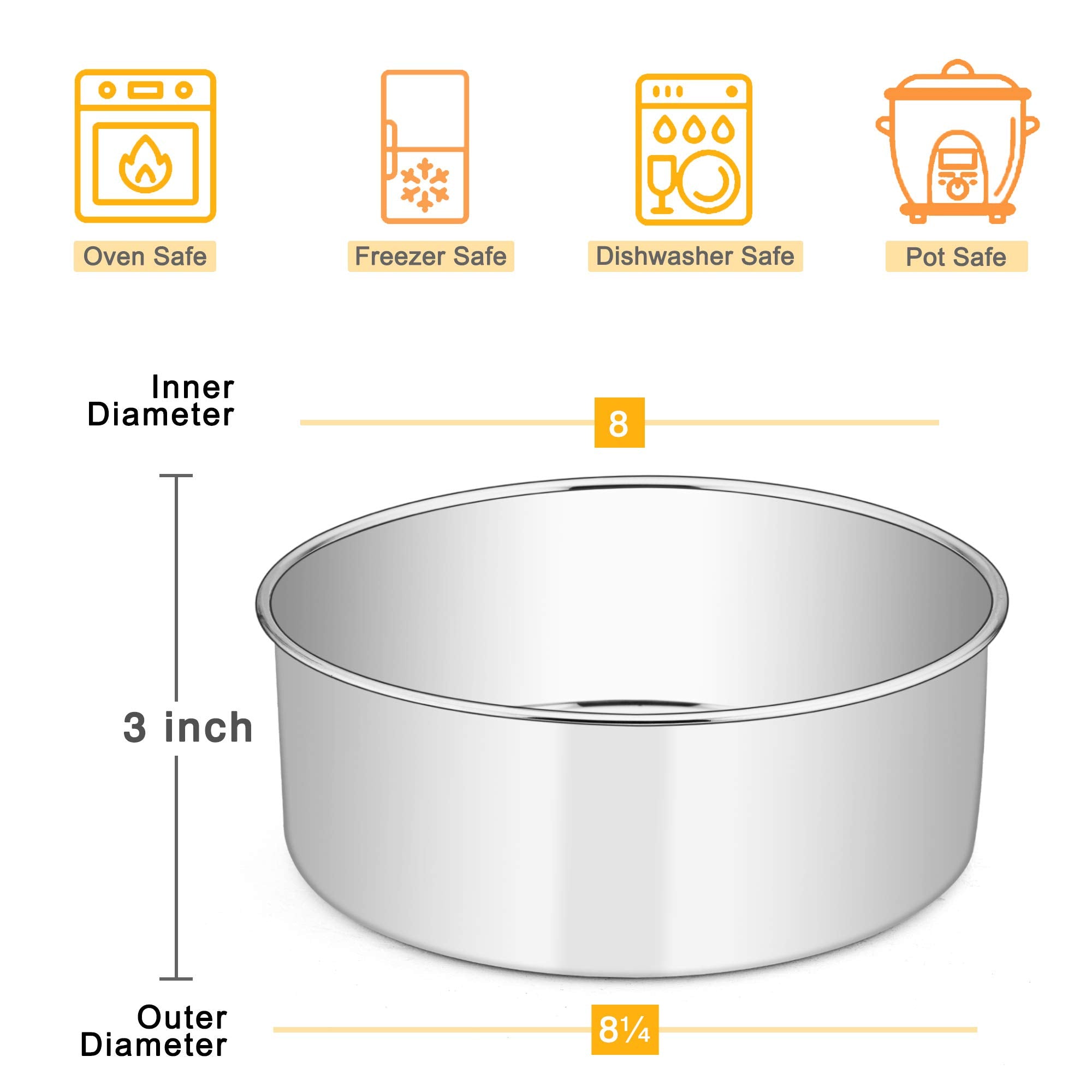 E-Far 8 X 3 Inch Round Cake Pans, Stainless Steel Deep Cake Baking Pan For Layer Cake Chiffon Cheesecake, Healthy Metal Cake Tin
