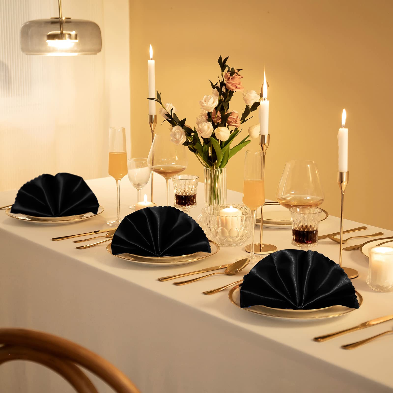 Manyshofu 6 Pieces Black Satin Scalloped Napkins - 18X18 Inches Cloth Satin Napkins, Square Satin Fabric Napkin Set - Smooth & R