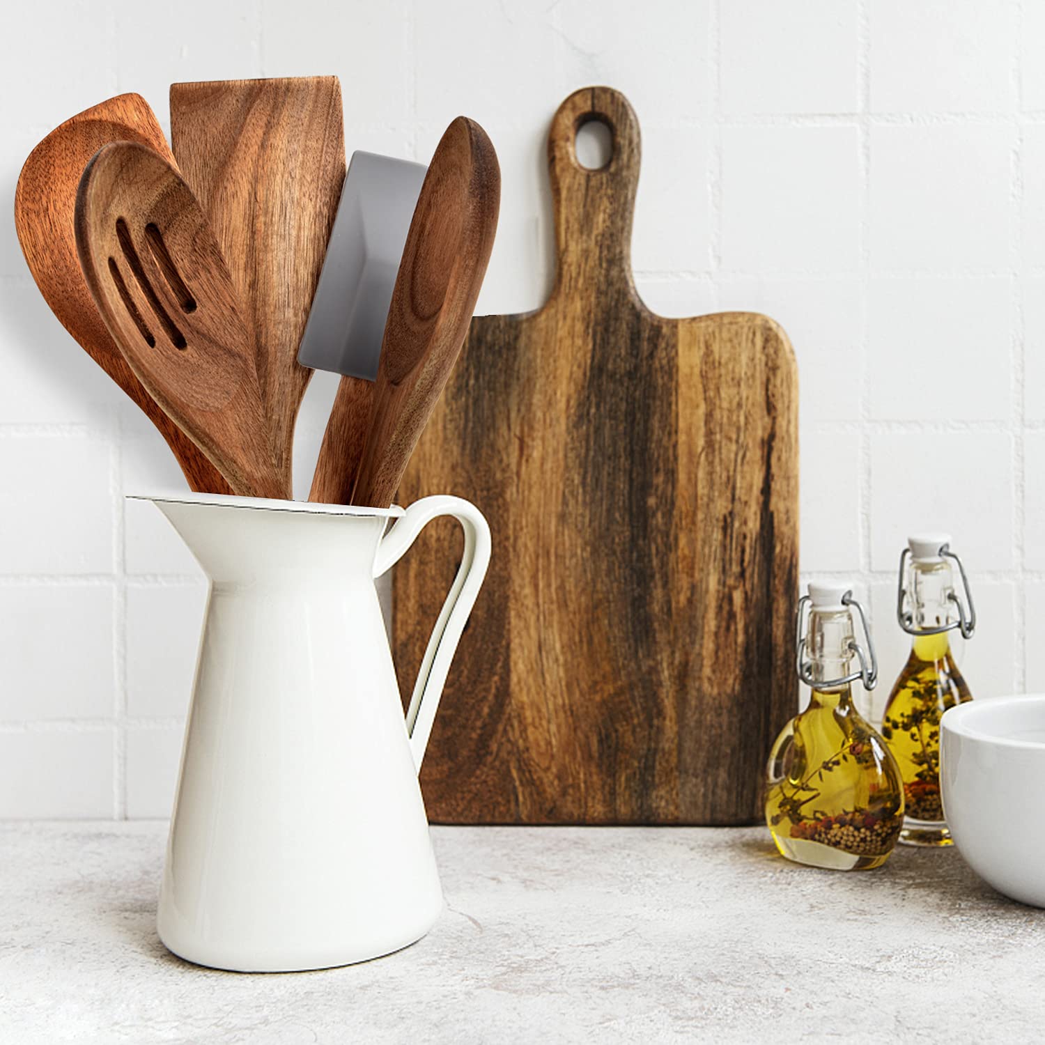Tanaab Wooden Spoons Kitchen Utensils Set For Cooking Baking, Natural Wood Slotted Spoon Solid Corner Spoon Turner Silicone Spat