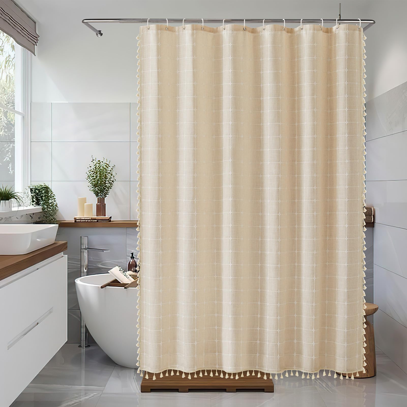 Yuanice Boho Farmhouse Shower Curtain 96 Inch Extra Long Linen Fabric Weighted Thick Bathroom Shower Curtain Set With Tassels, M