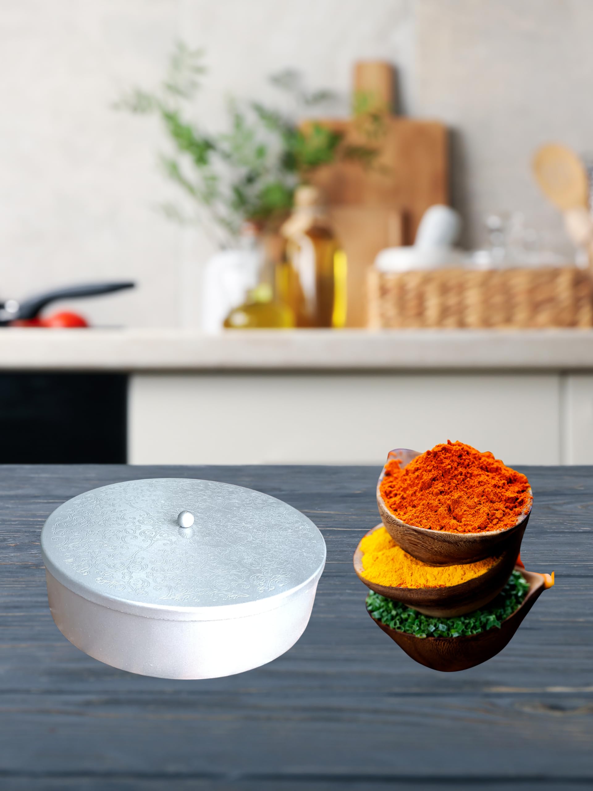 Gig Handicrafts Silver Traditional Indian Spice Organizer For Kitchen Storage: 7 Container Masala Dabba With Lid, 20 Cm In Diame