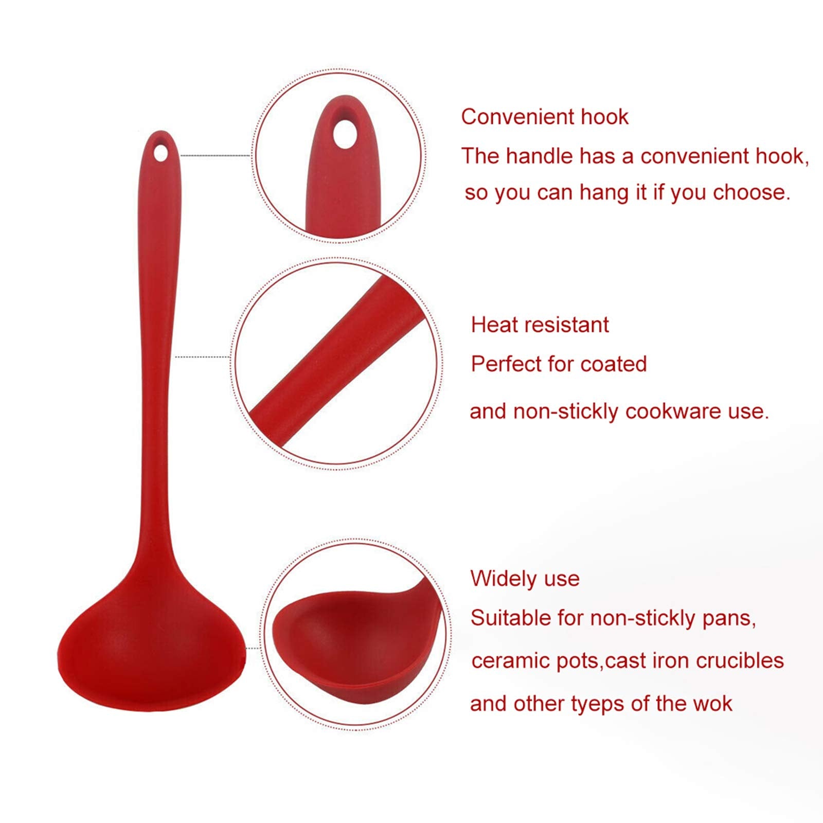 Silicone Ladle Soup Spoon Set Of 2, Nonstick Heat Resistant Long Handle Unbreakable Big Round Scoop For Home Kitchen Cooking,Red