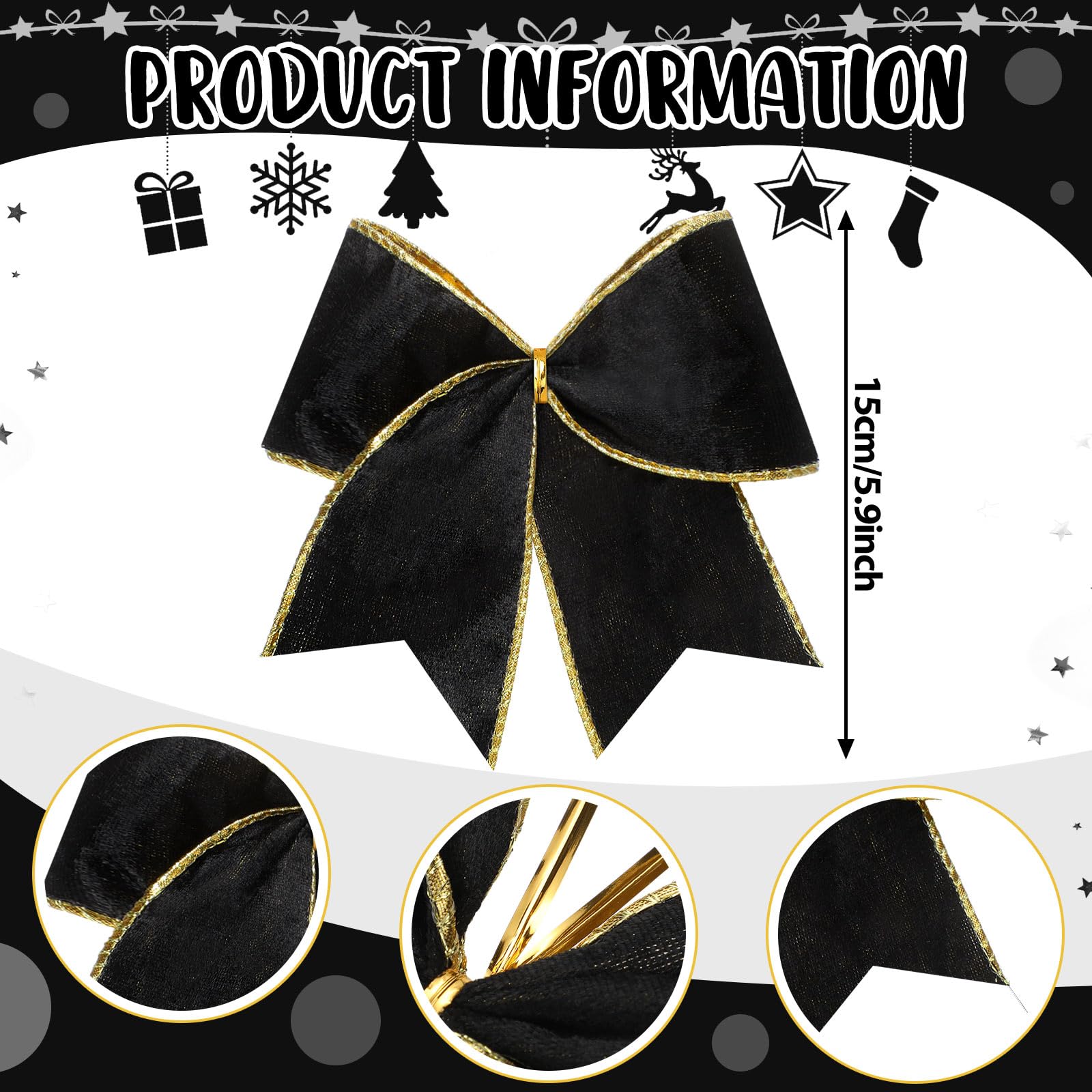Panelee 12 Pcs Black Velvet Christmas Bows 6 x 6 in Wreath Bow Christmas Tree Decorations Ornaments for Hanukkah Xmas Tree Toppe