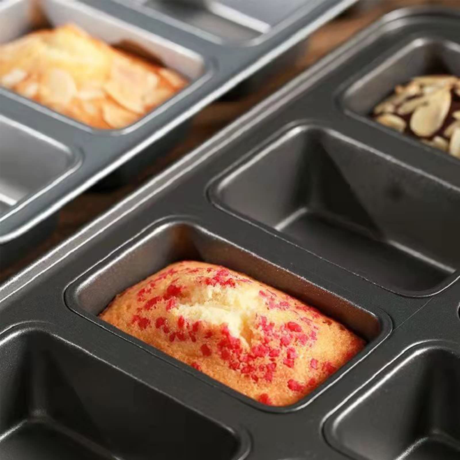 PLAZOTTA Mini Loaf Pan Set - 8 Cavity Carbon Steel with Silicone Handles, Black, Model P-MiniLoafPan-SiliHandle2pc