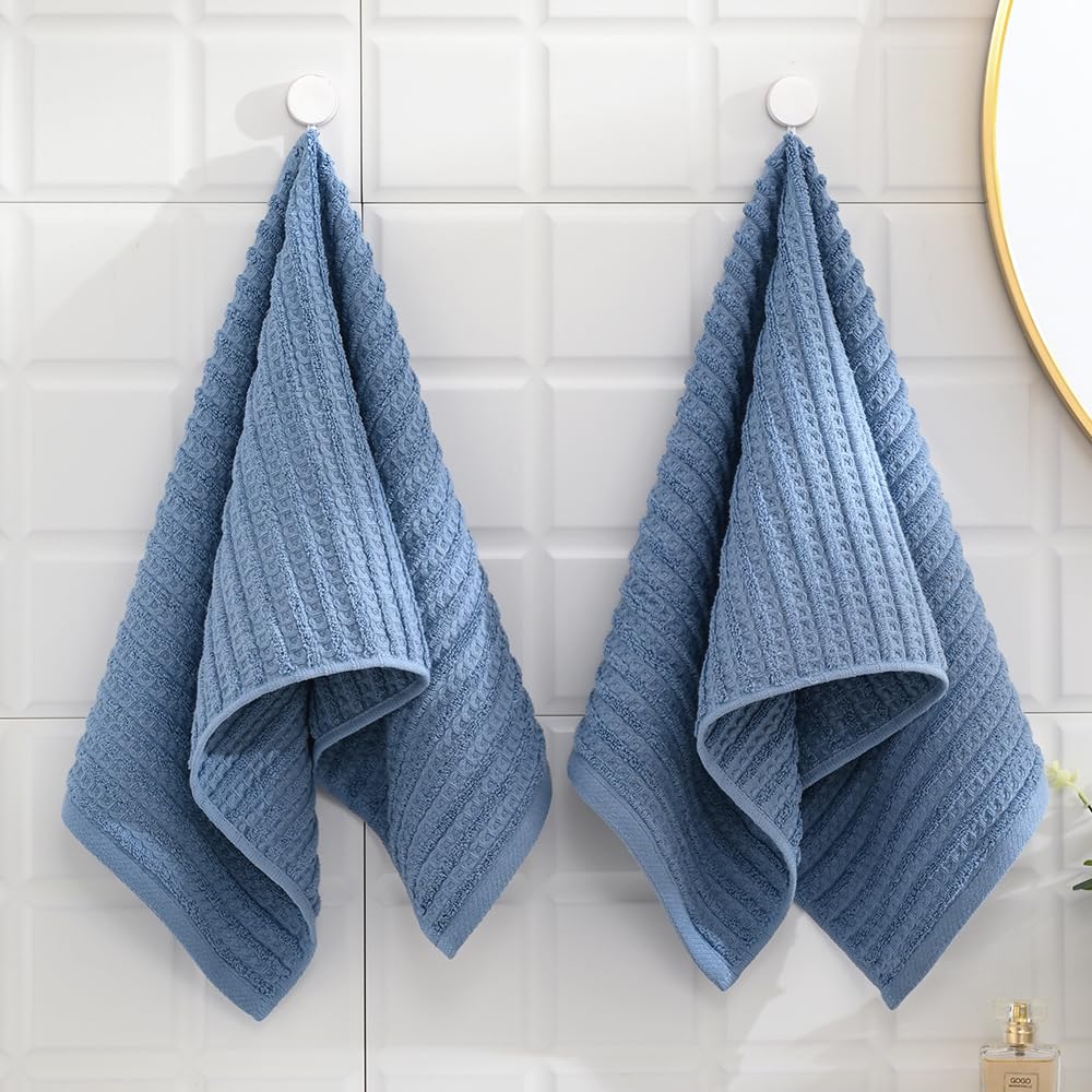 Sense Gnosis Blue Hand Towel Set Of 2 Ultra Soft 100% Cotton Waffle Terry Striped Absorbent Lightweight Fast Drying Decorative H