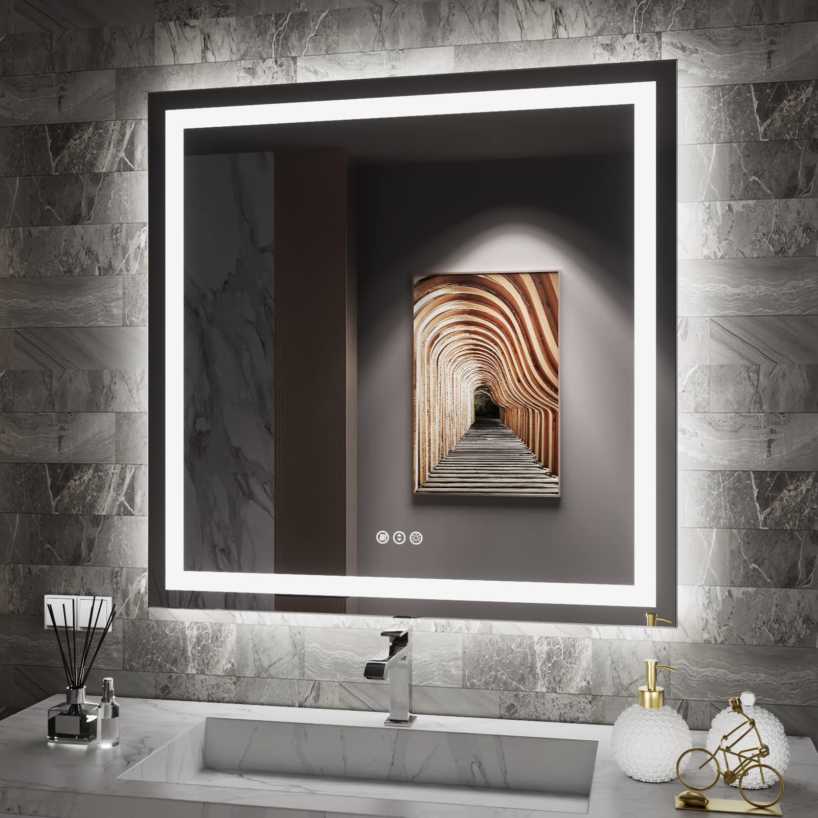 Amorho Led Bathroom Mirror 32''X 32'' With Front And Backlight, Stepless Dimmable Wall Mirrors With Anti-Fog, Shatter-Proof, Mem