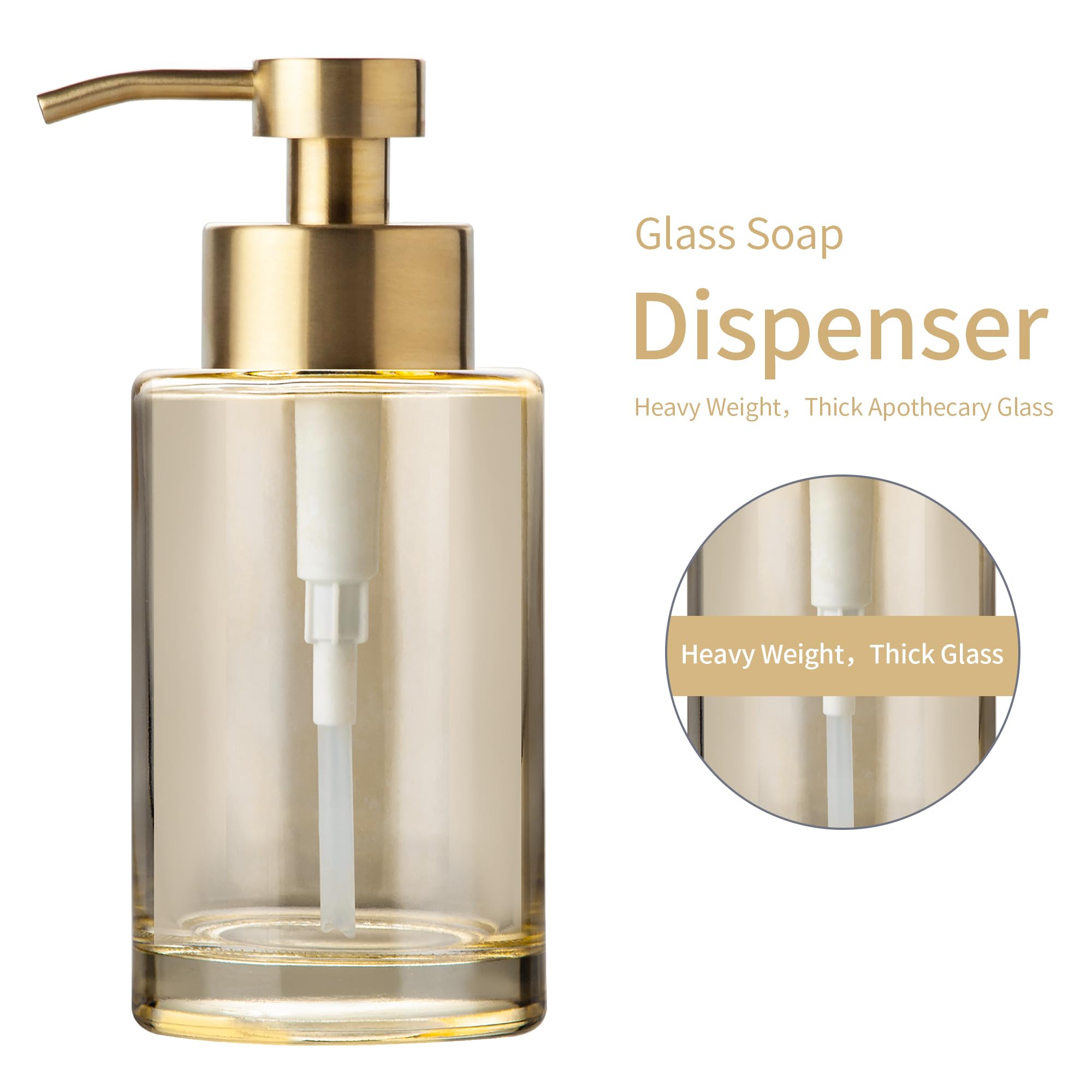 Enra Gold Foaming Soap Dispenser,12Oz Thick Glass Bathroom Soap Dispenser With Stainless Steel Pump,Dish Soap Dispenser,Soap Dis