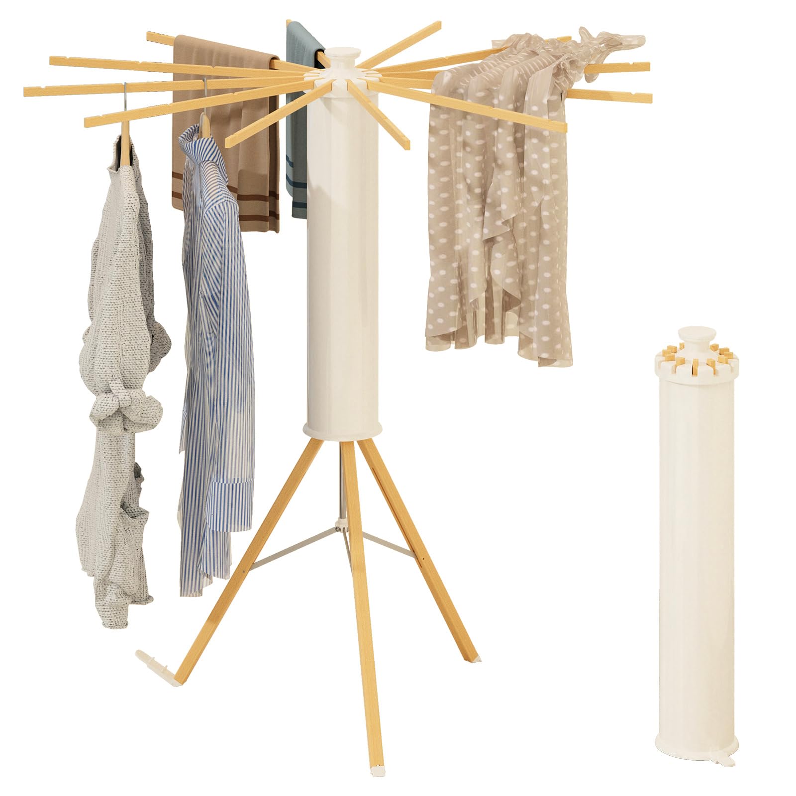Tripod Drying Rack Portable, Foldable Drying Rack Clothing with 12 Wood Drying Arms, Standing Laundry Hanger Rack Round Collapsi