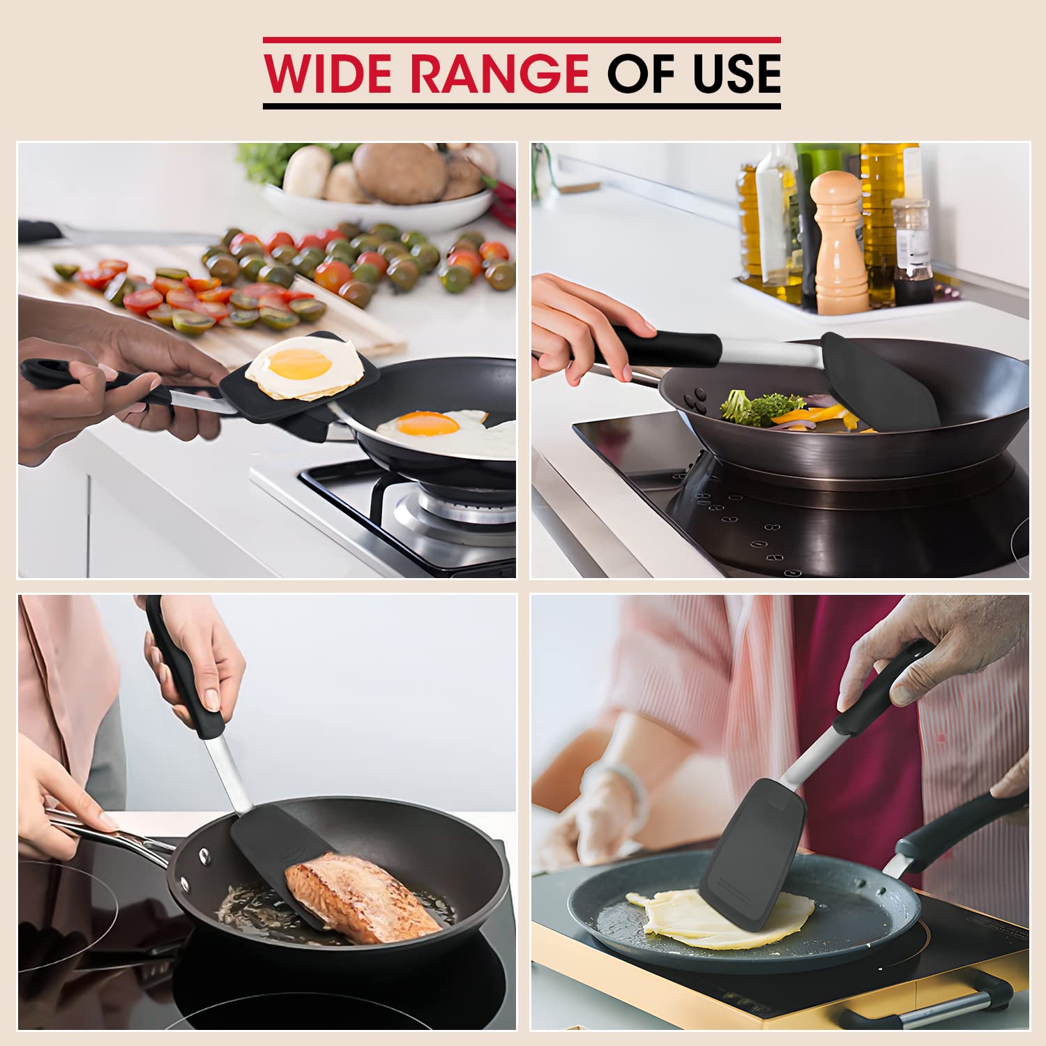 Unicook 2 Pack Flexible Silicone Spatula, Turner, 600F Heat Resistant, Ideal For Flipping Eggs, Burgers, Crepes And More, Black