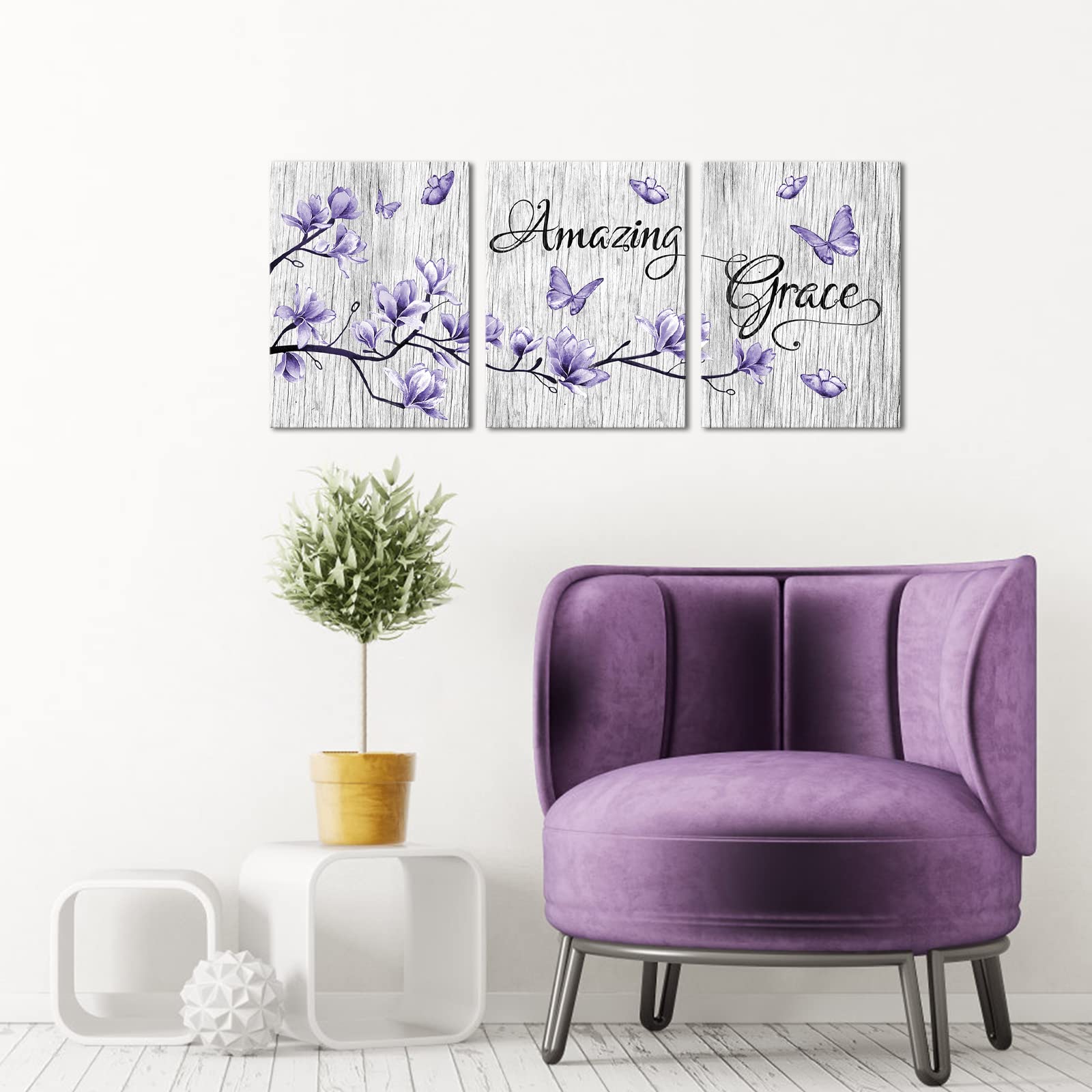 Visual Art Decor Purple Wall Decor Abstract Flowers And Butterfly Painting Purple Canvas Wall Art Amazing Grace Print Bathroom B