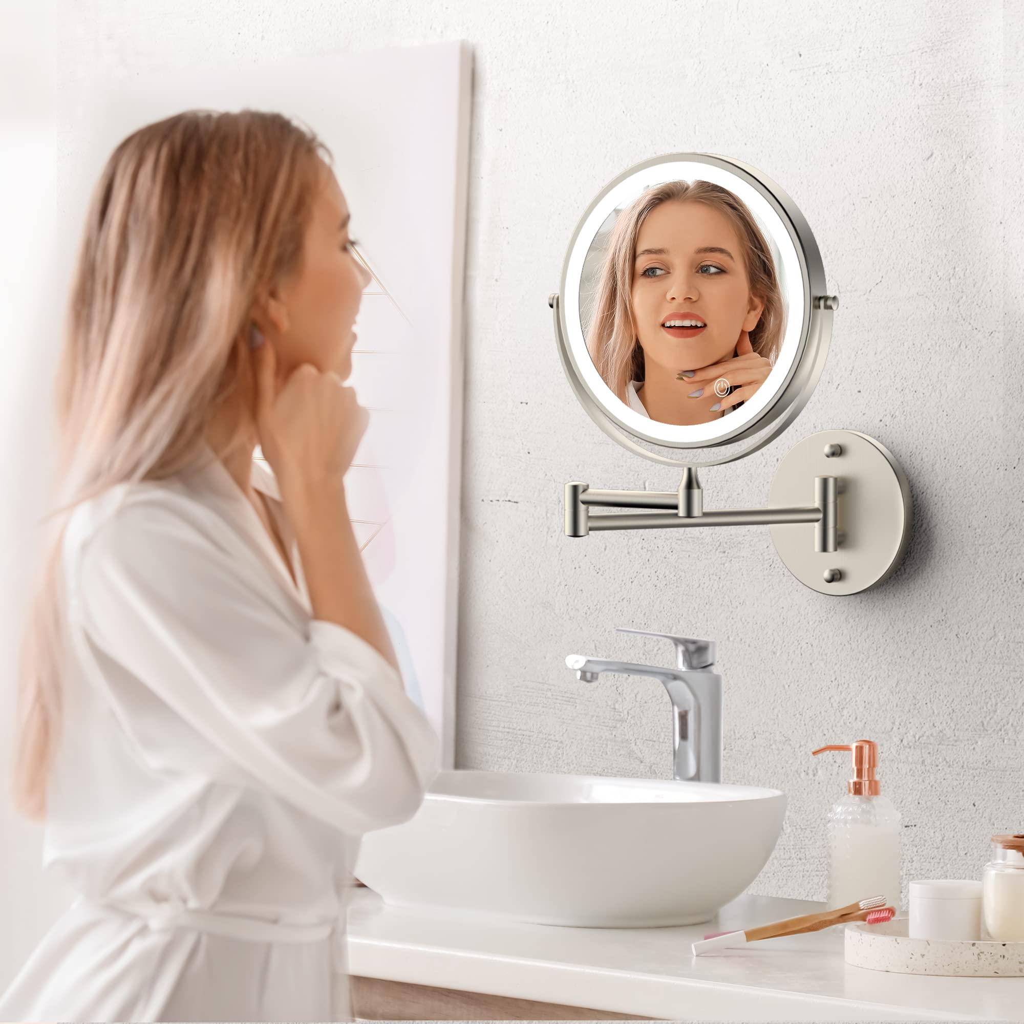 Rocollos Rechargeable Wall Mounted Lighted Makeup Mirror, 8 Inch Double-Sided Led Vanity Mirror 1X/10X Magnification,3 Color Lig
