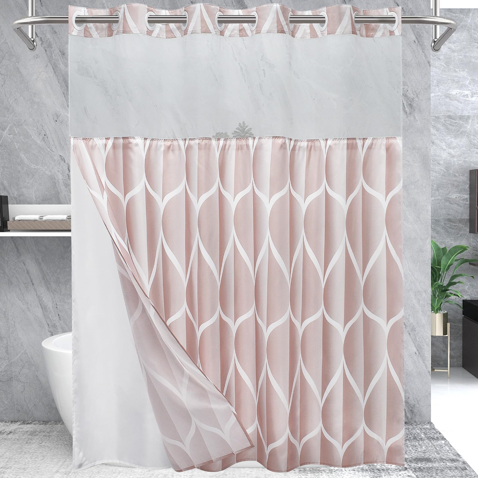 Yiatn No Hook Rosewater Pink Shower Curtain With Snap In Fabric Liner Set - Hotel Style With See Through Mesh Top Window, Modern