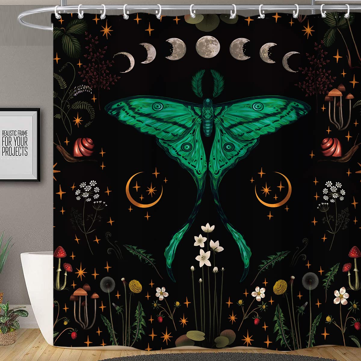 Miyotaa Moth Butterfly Moon Phase Floral Shower Curtain Set 60Wx71H Inches Witchy Gothic Night Moonlit Vintage Botanical Mushroo