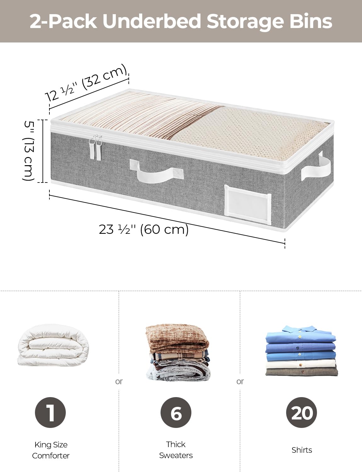 StorageWorks Underbed Storage Box With Zippers, Underbed Storage Clothes Organizer With Sturdy Structure, Gray, Medium, 2 pack
