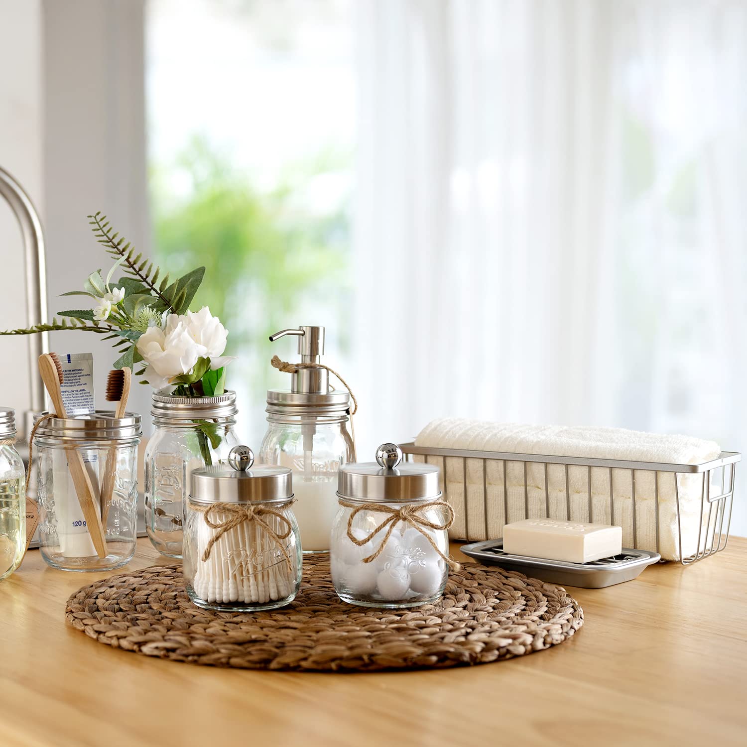 Mason Jar Bathroom Accessories Set- 6PCS - Lotion Soap Dispenser Toothbrush Holder 2 Apothecary Jars(Qtip Holder)  Soap Dish Storage Organizer Basket - Rustic Farmhouse Decor (Brushed Nickel)