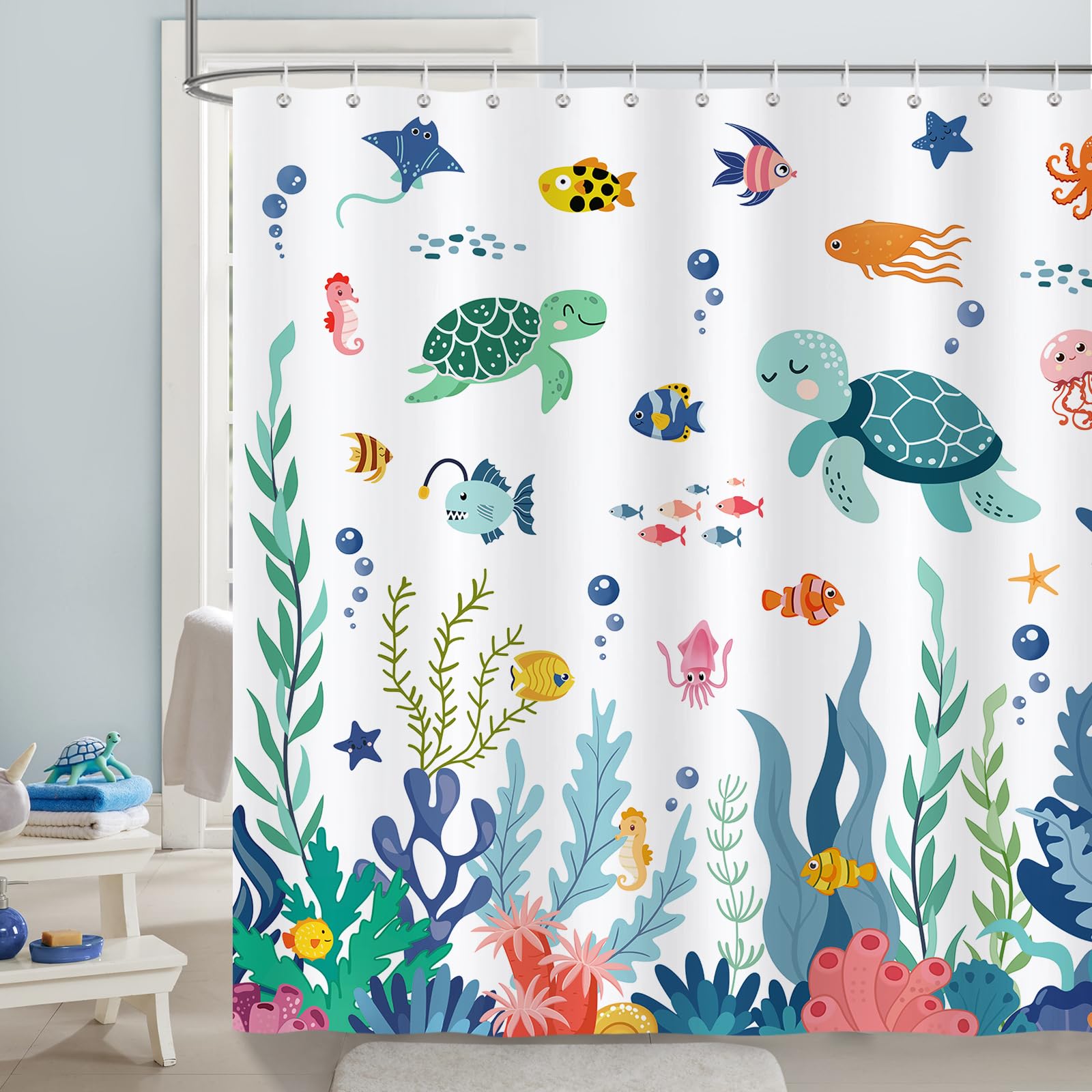 Bonhause Kids Shower Curtain, Cute Ocean Sea Turtle Fish Corals Underwater World Bathroom Decor For Boys Girls 72 X 72 Inch Poly