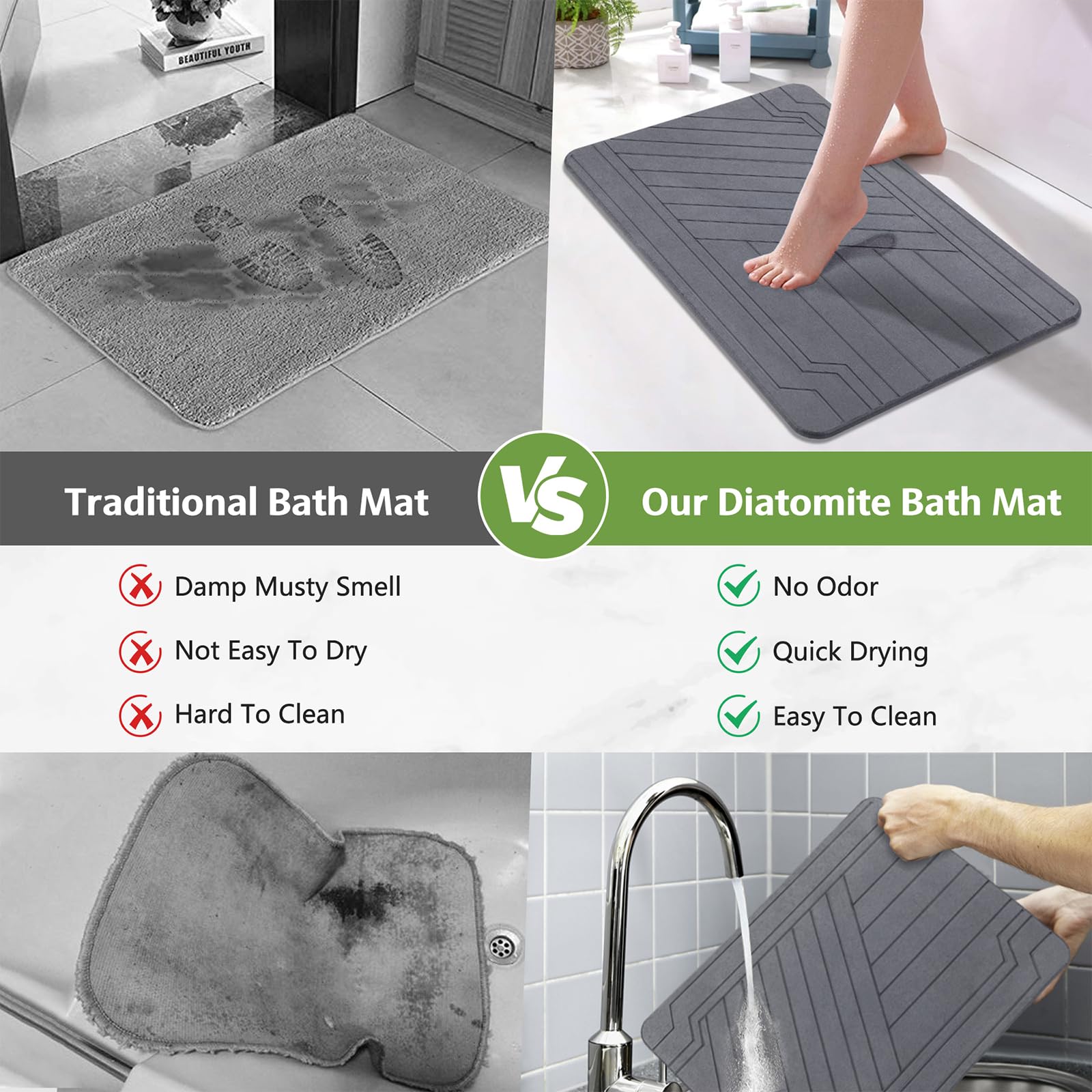 Stone Bath Mat, Diatomaceous Earth Bath Mat Non-Slip Stone Shower Mat Diatomite Stone Bath Mat, Quick Drying Absorbent Stone Bat