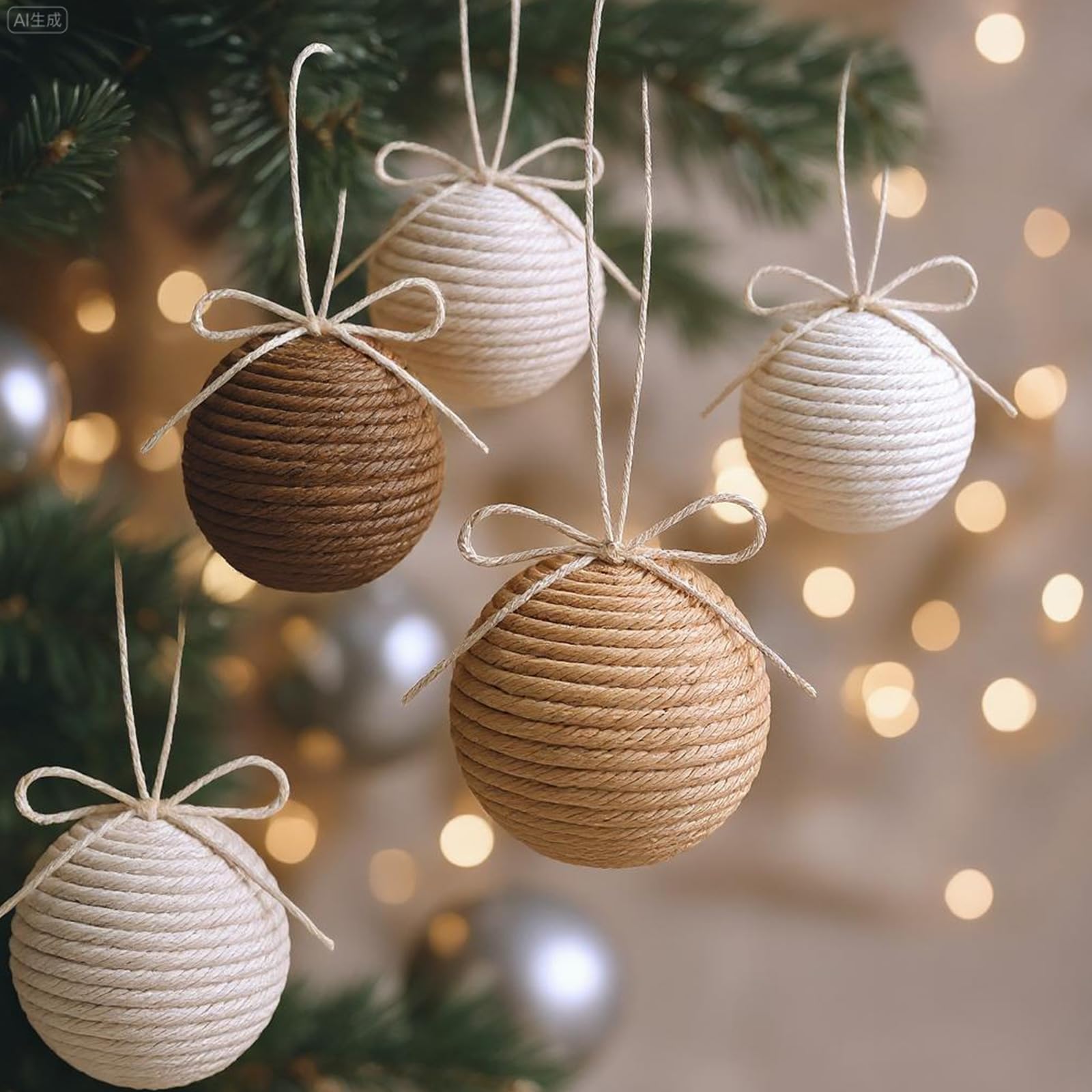 Syhood 12 Pcs Boho Farmhouse Christmas Ball Ornaments 2.36 Inch Crochet Jute String Ball Neutral Rustic Christmas Tree Hanging O