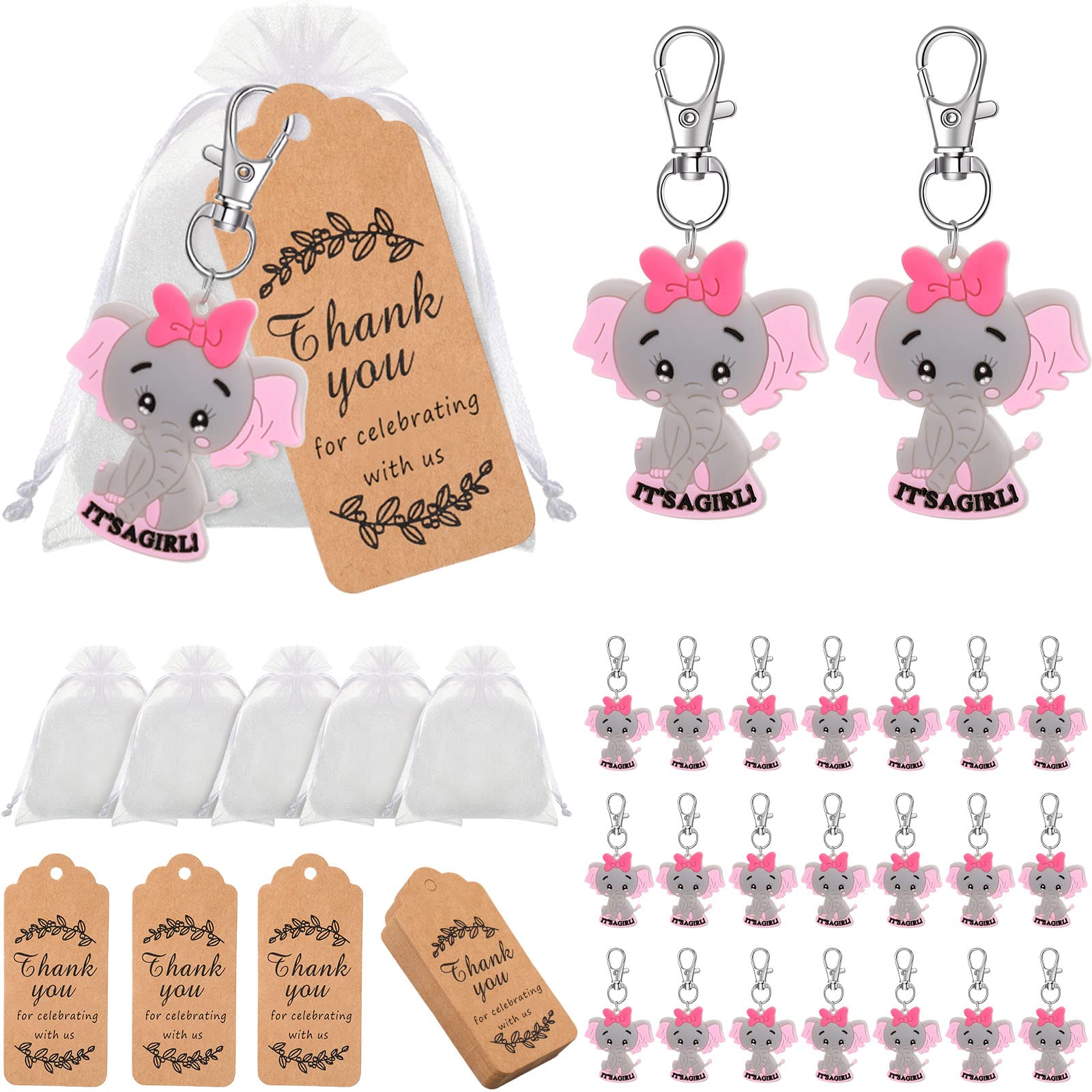 48 Sets Baby Shower Return Favors For Guests Thank You Gift Baby Elephant Keychains Organza Bags Thank You Kraft Tags For Elepha