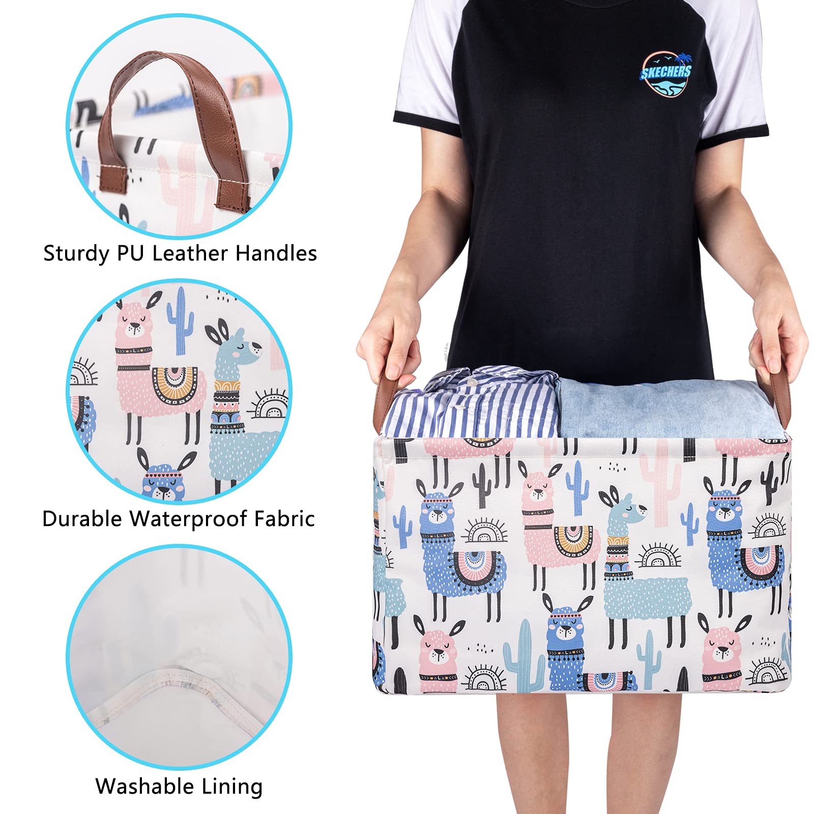 Llama Storage Bin Basket Collapsible with Leather Handles Waterproof Canvas Storage Cube Box for Closet Toys Clothes Nursery Room Gift Basket