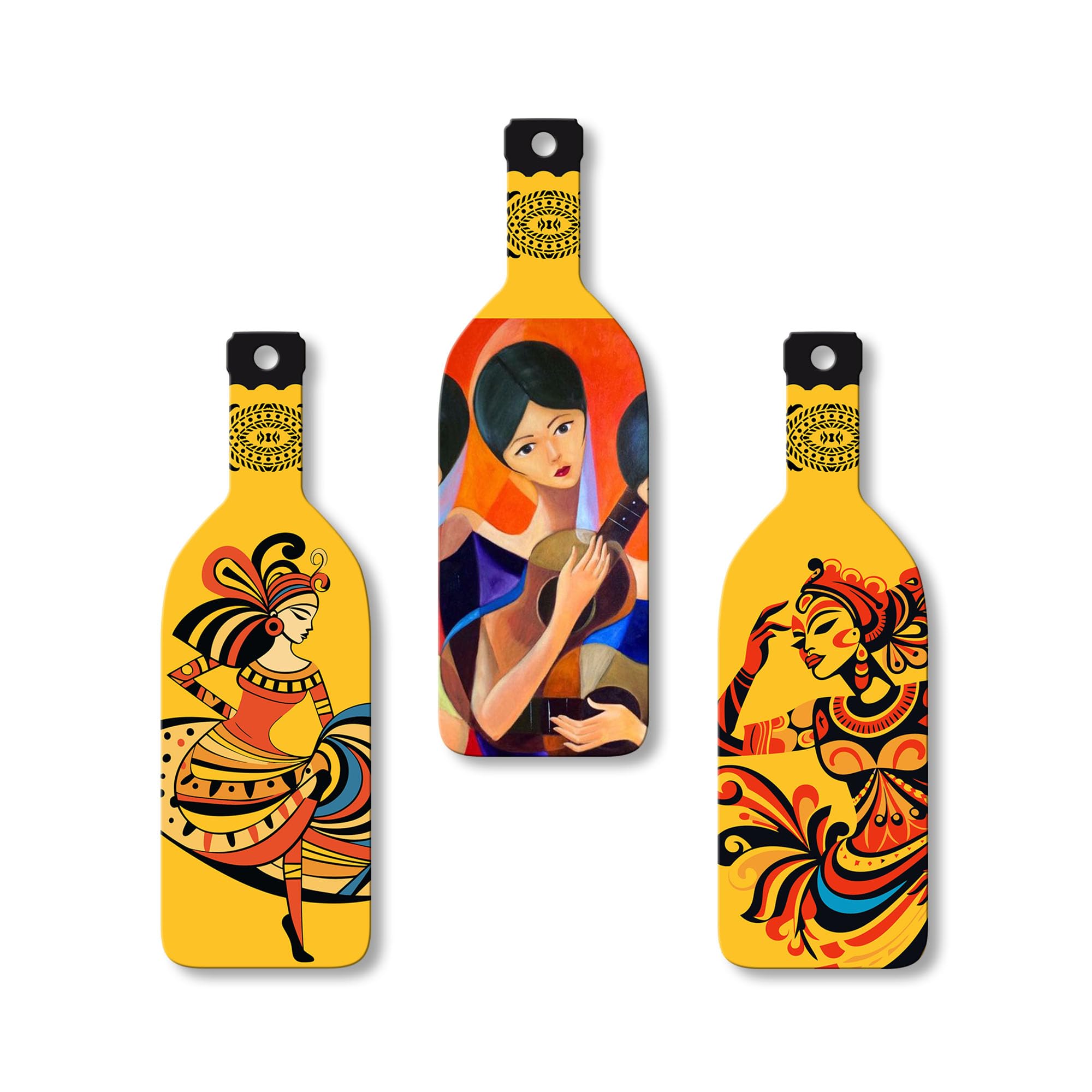 Artvibes Women Guitarist Decor Bottle Shaped Wooden Wall Hanging | Graphic Artwork | Door Decoration Items | Paintings For Wall 