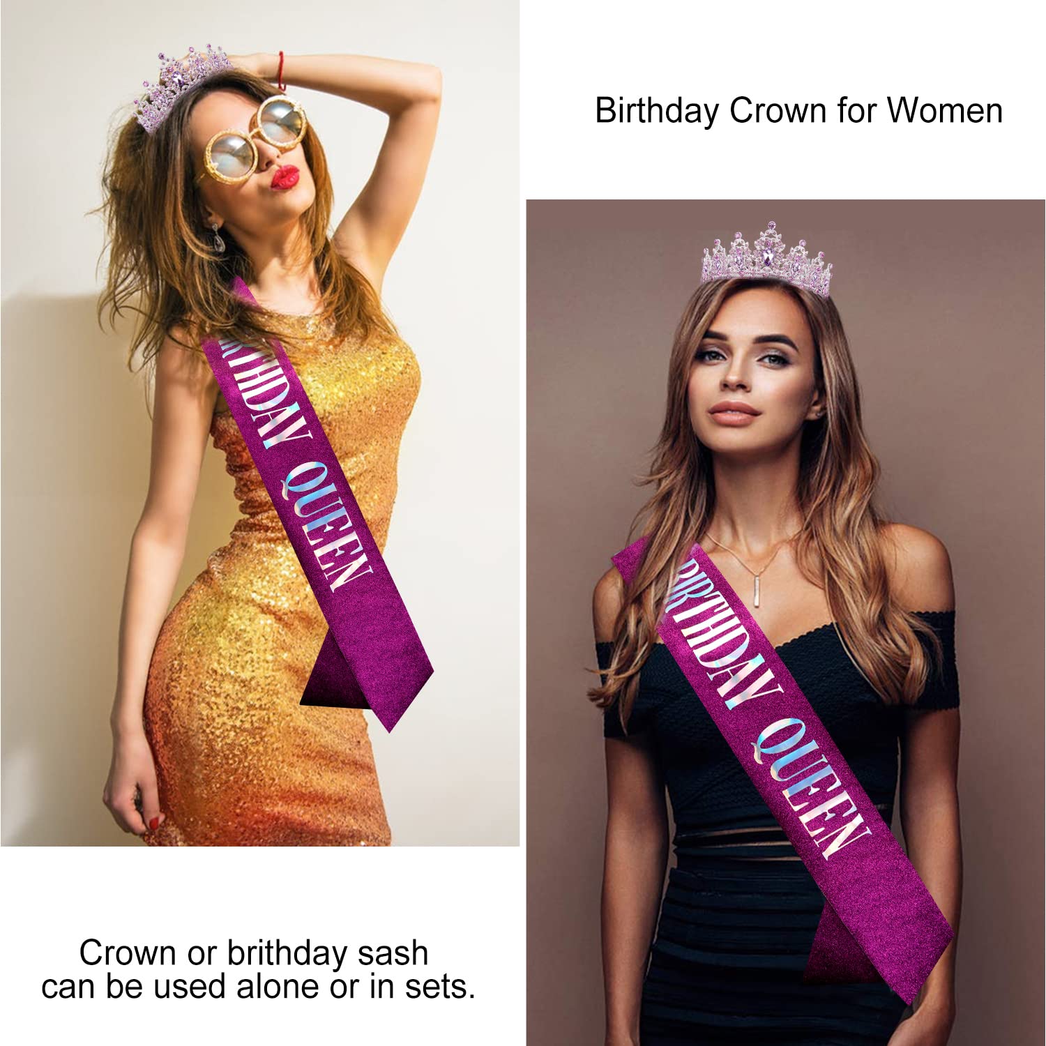 Didder Purple Birthday Queen Sash & Light Purple Crystal Crown Set, Queen Tiara & Sash For Women & Girls, Happy Birthday Decorat