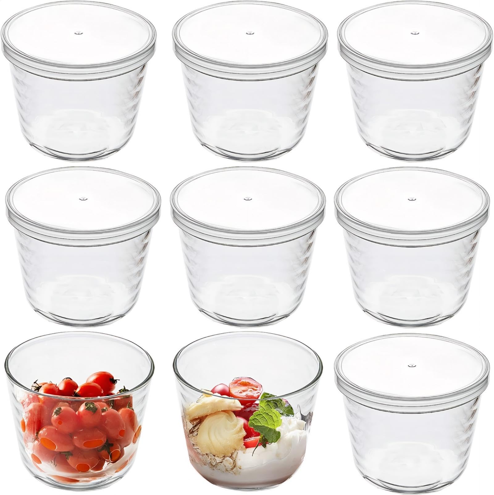 yarlung 9 Pack Small Glass Bowls with Plastic Lids, 6.8 Oz Clear Pudding Cups Dessert Bowls Fruits Dish for Sauces, Cereal, Snac