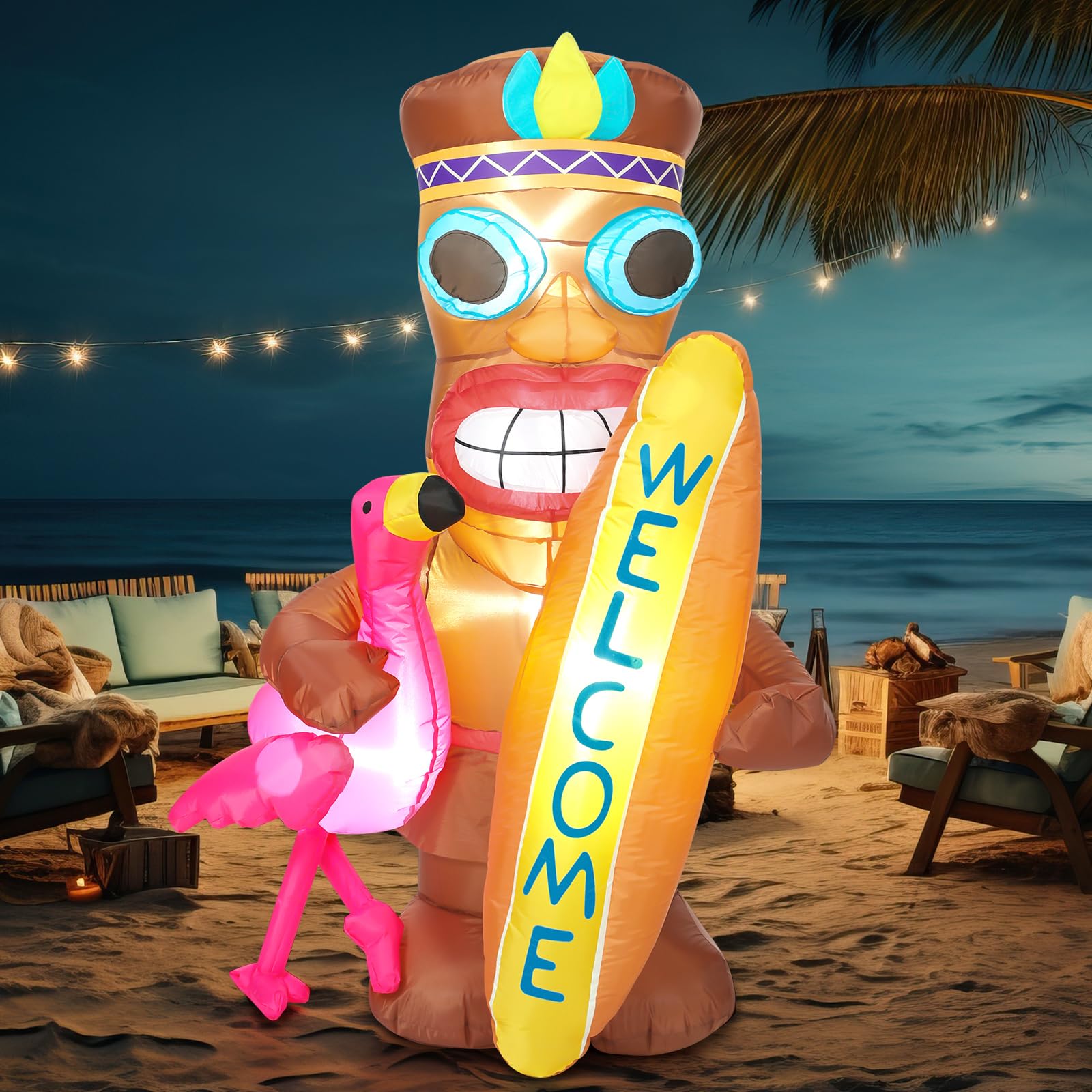Shappy 5 ft Inflatable Tiki Flamingo Surfboard Luau Hawaiian Party Decorations Summer Inflatables Outdoor LED Lighted Tiki Blow